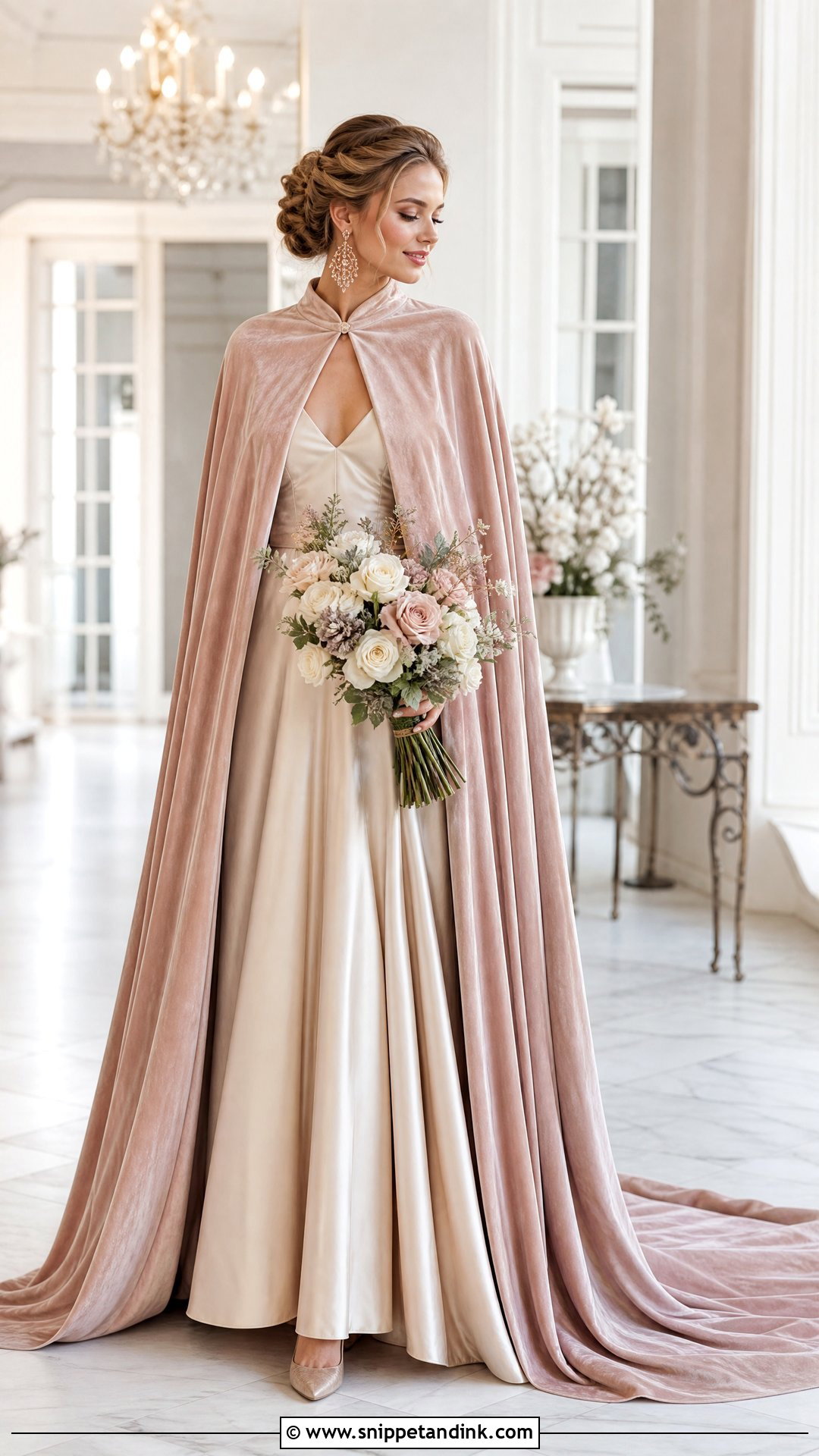 Blush Velvet Bridal Cape With Champagne Wedding Dress - Snippet and Ink - 20 Winter Bridal Cape Ideas