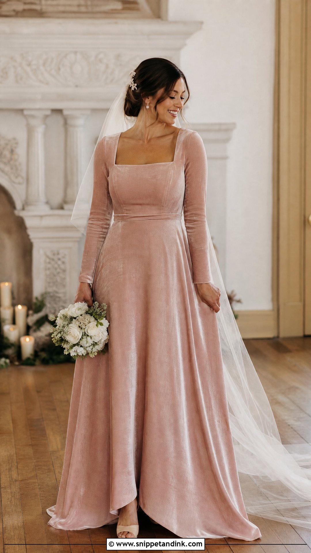 Blush Velvet Bridal Dress With Long Sleeves - Snippet and Ink - 20 Velvet Bridal Dress Ideas