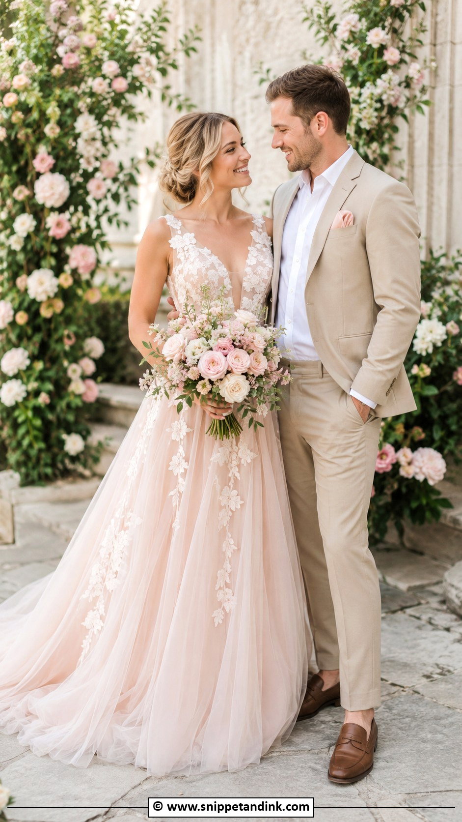 Blush Wedding Dress And Beige Suit - Snippet and Ink - 30 Couple Wedding Dress Ideas