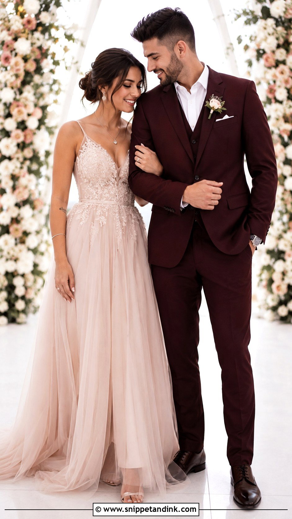 Blush Wedding Dress And Burgundy Suit Wedding Couple Outfit - Snippet and Ink - 25 Wedding Couple Outfits