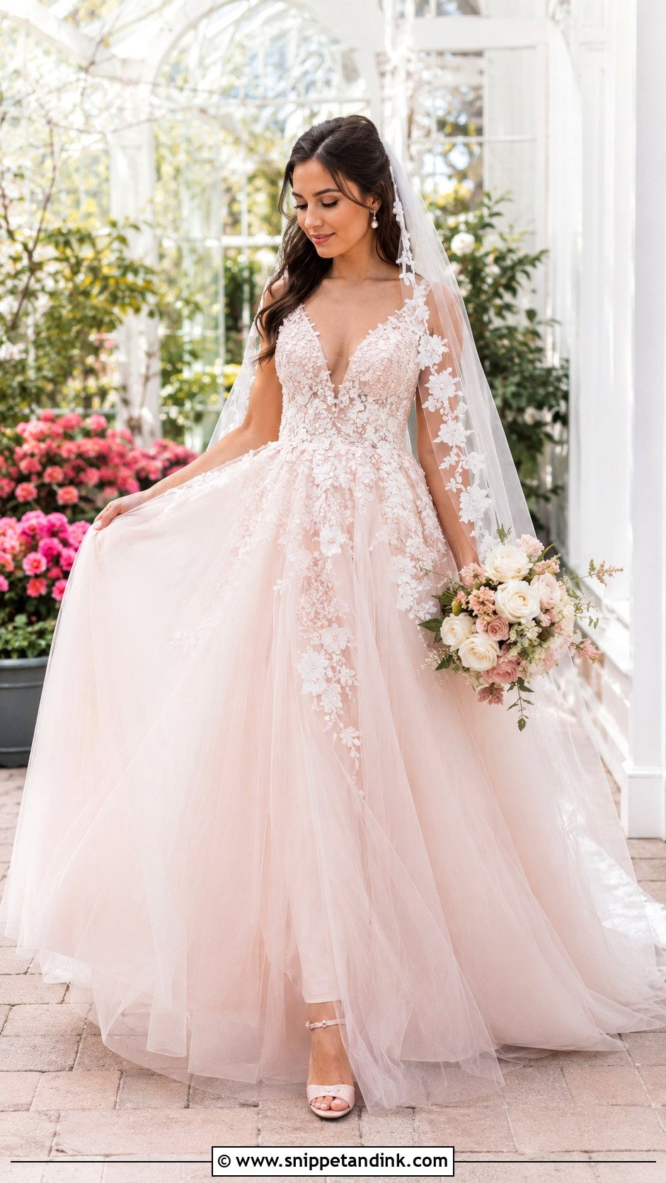 Blush Wedding Dress Ballgown With Floral Veil - Snippet and Ink - 25 Extravagant Wedding Dress Ballgown Ideas