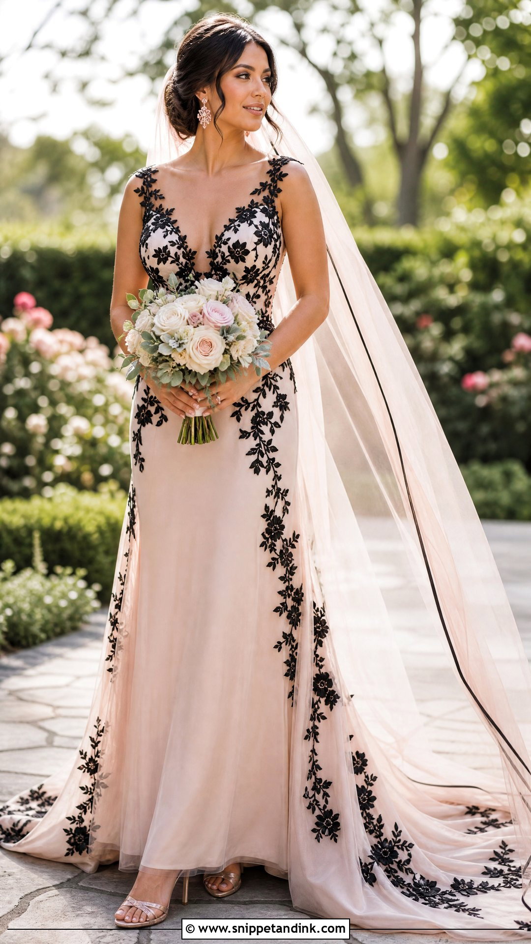 Blush Wedding Dress With Black Floral Lace - Snippet and Ink - 20 Wedding Dress with Black Lace Ideas