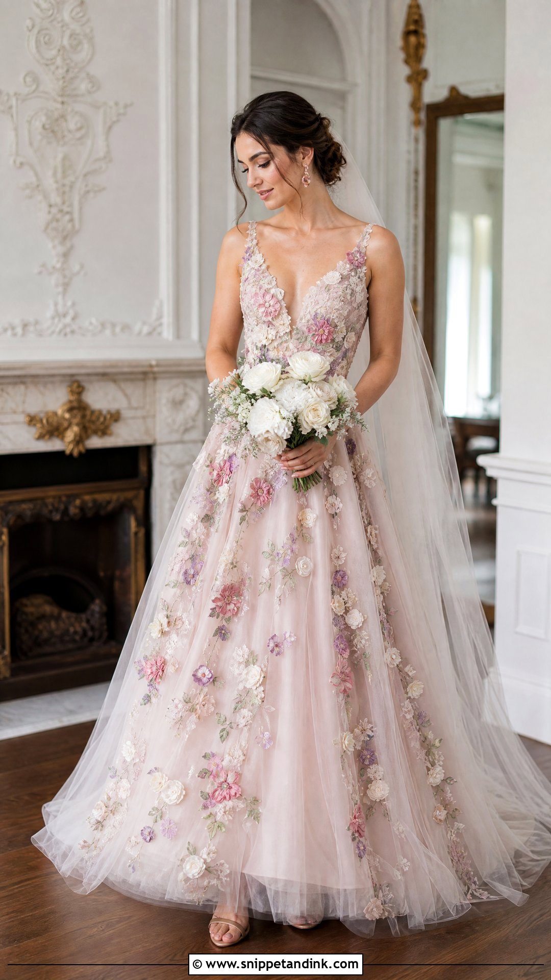 Blush Wedding Dress With Colorful Floral Appliques - Snippet and Ink - 20 Wedding Dress with Colorful Flowers
