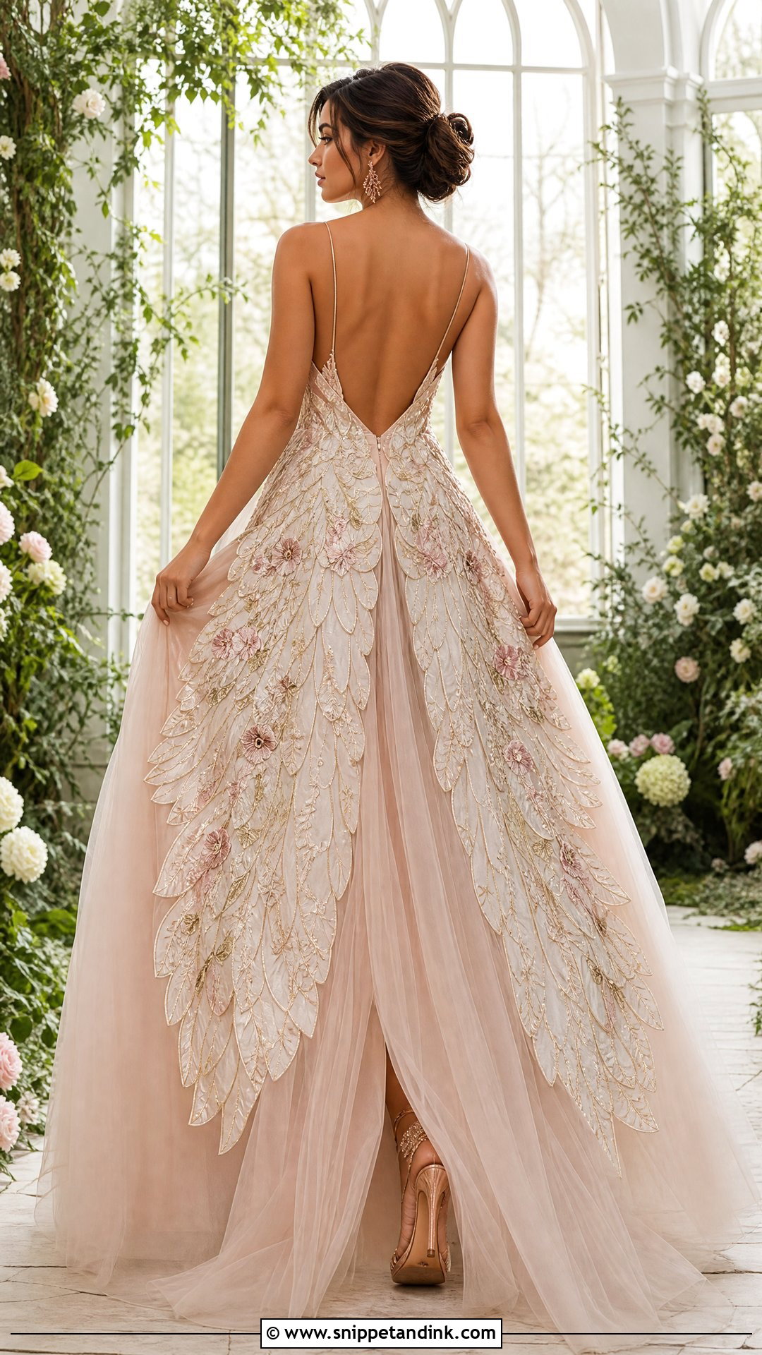 Blush Wedding Dress With Embroidered Wings - Snippet and Ink - 20 Wedding Dress Wings Ideas