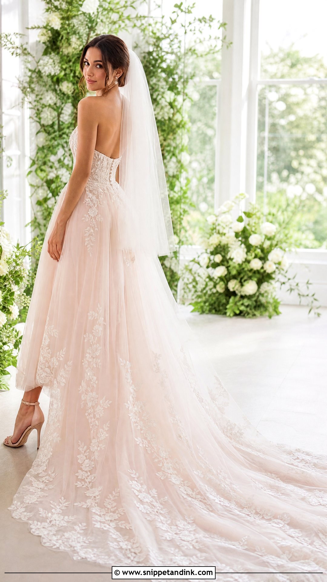 Blush Wedding Dress With Floral Train - Snippet and Ink - 20 Wedding Dresses with Train