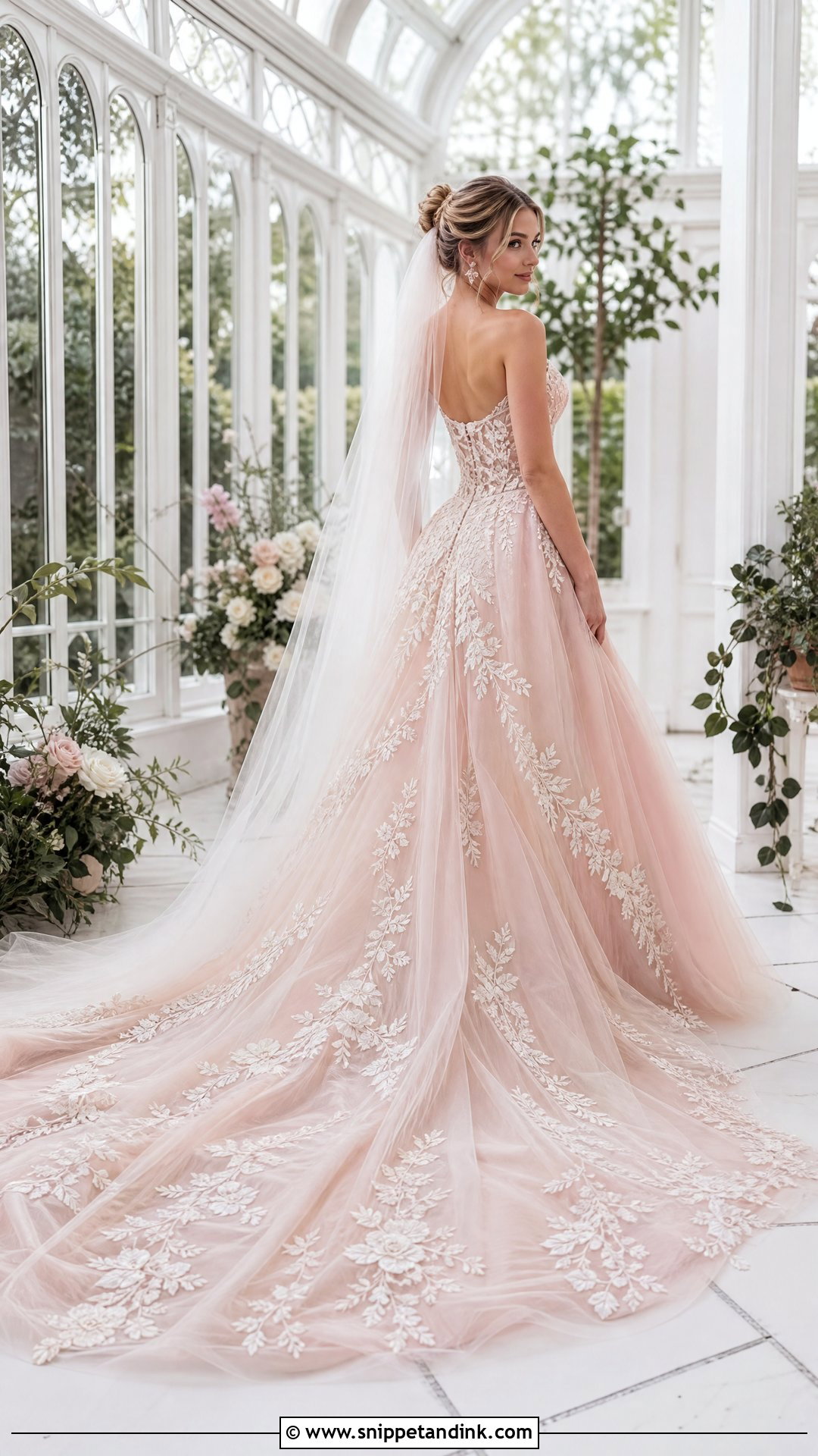 Blush Wedding Dress With Floral Train - Snippet and Ink - 25 Dress Train Ideas