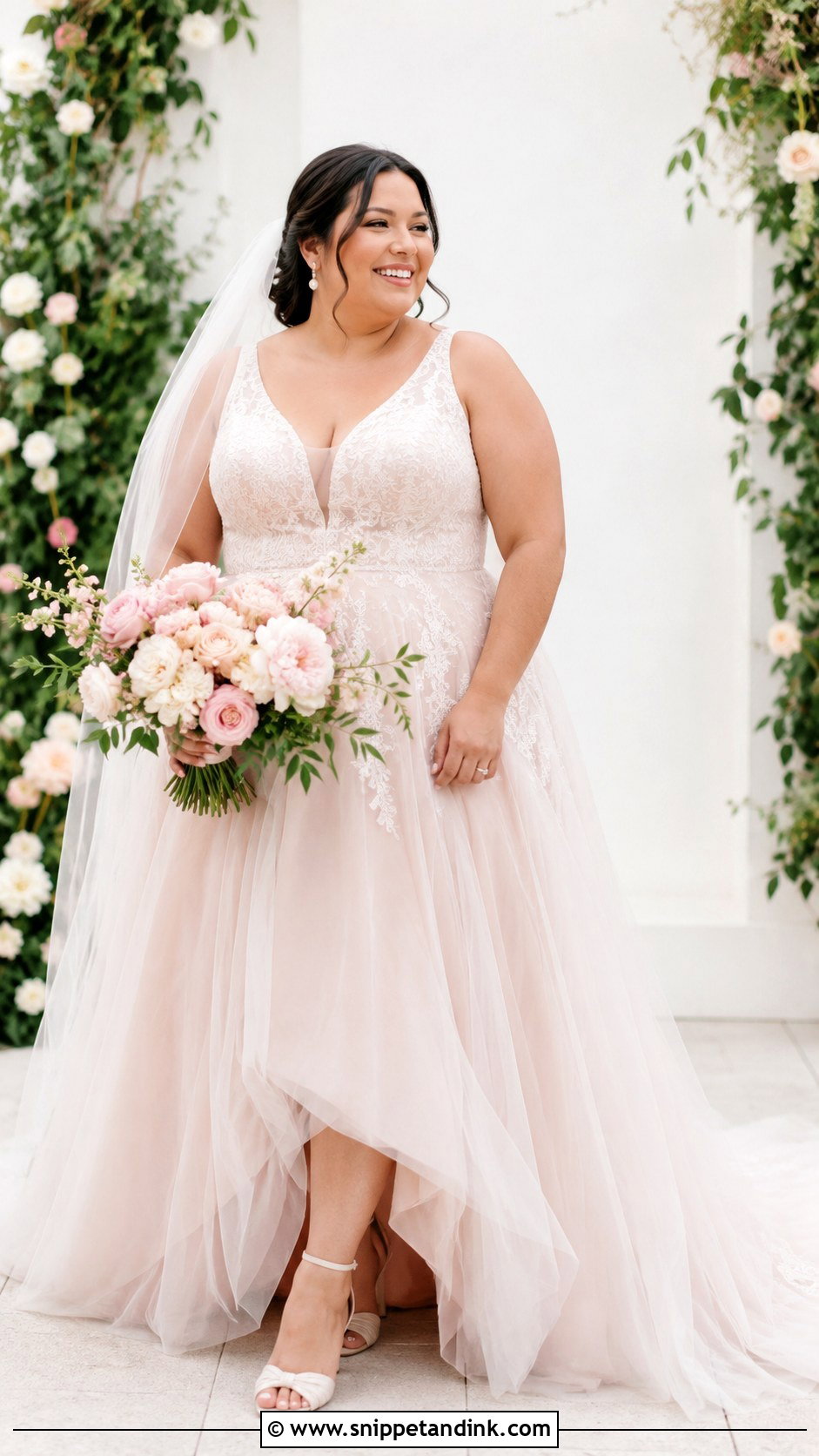 Blush Wedding Dress With Ivory Accessories - Snippet and Ink - 30 Midsize Wedding Dress Ideas