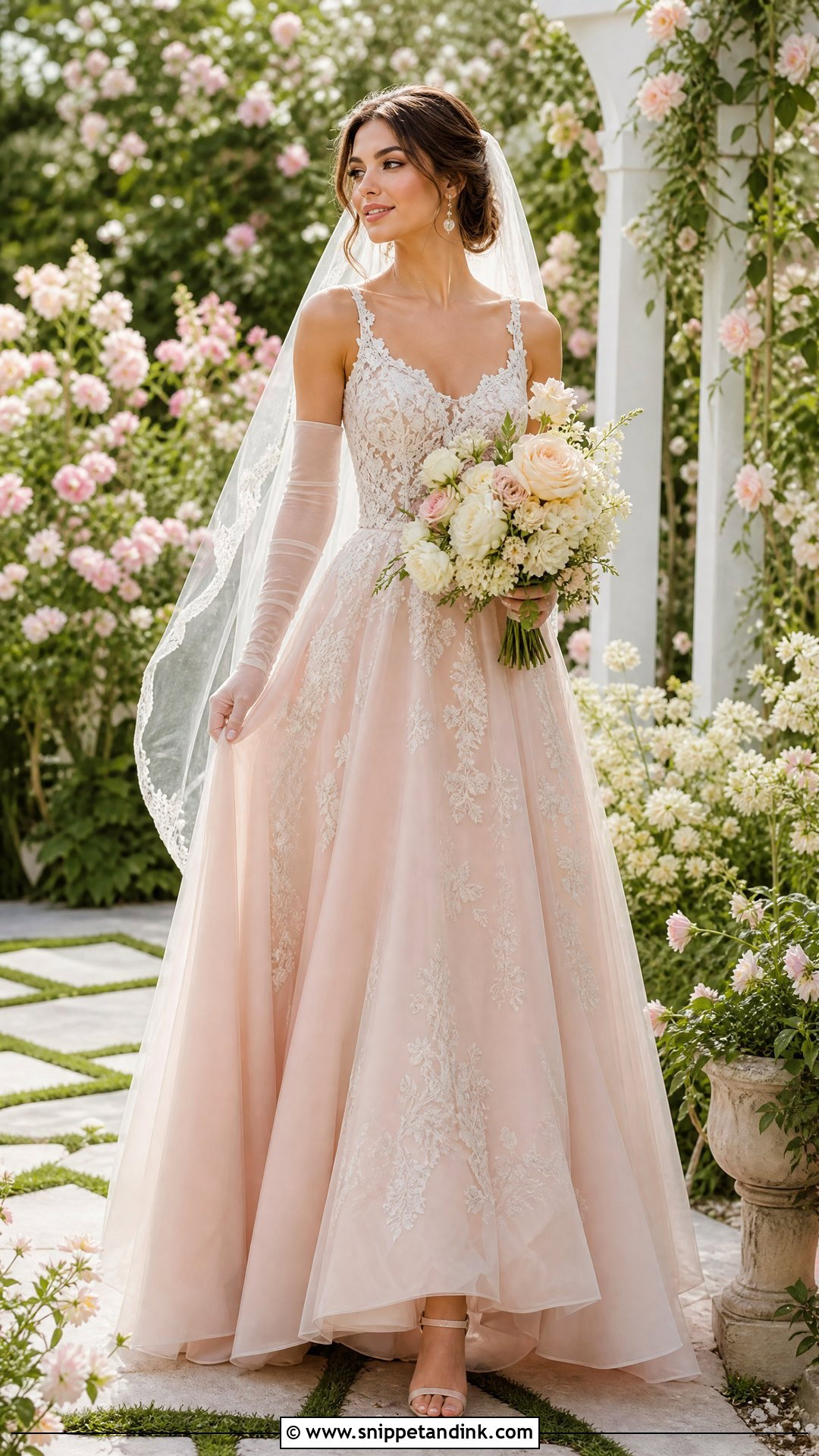 Blush Wedding Dress With Long Ivory Gloves - Snippet and Ink - 20 Wedding Dress with Long Gloves Ideas
