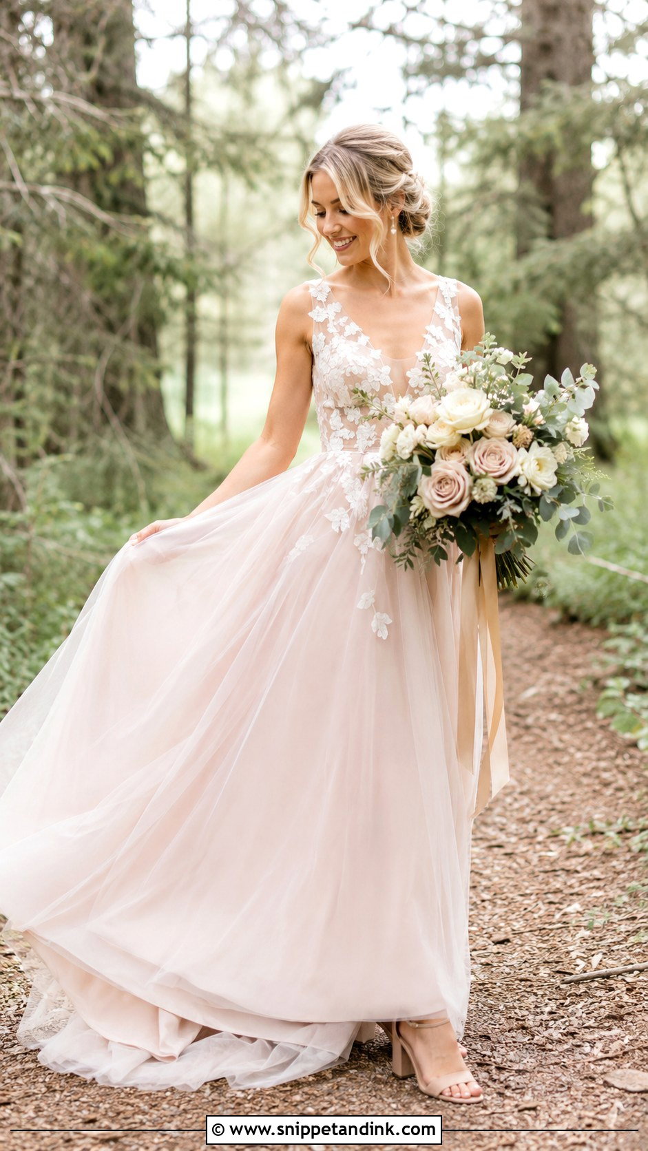 Blush Wedding Dress With Neutral Bouquet - Snippet and Ink - 25 Woodsy Wedding Dress Ideas