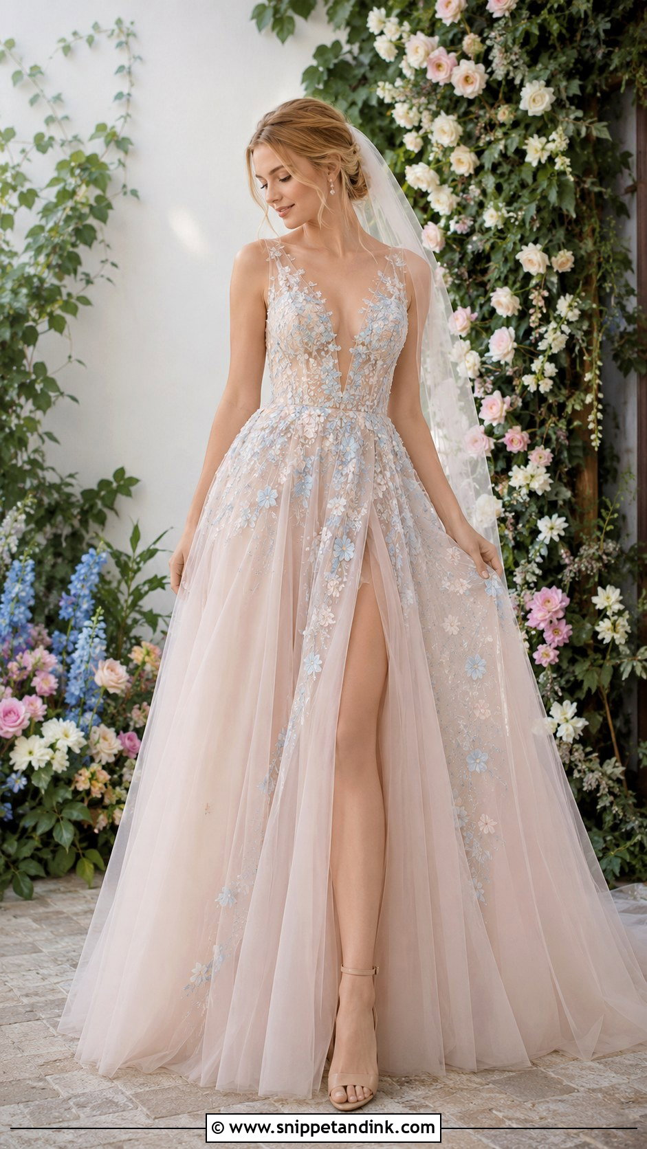 Blush Wedding Dress With Pale Blue Details - Snippet and Ink - 25 Wedding Dress with Blue Accents Ideas