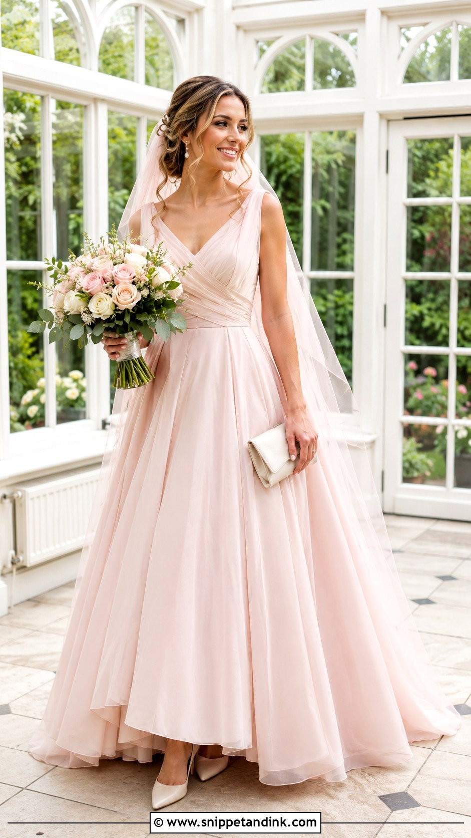 Blush Wedding Dress With Pearl Accessories - Snippet and Ink - 20 Alternative Modern Bride Wedding Dress Ideas