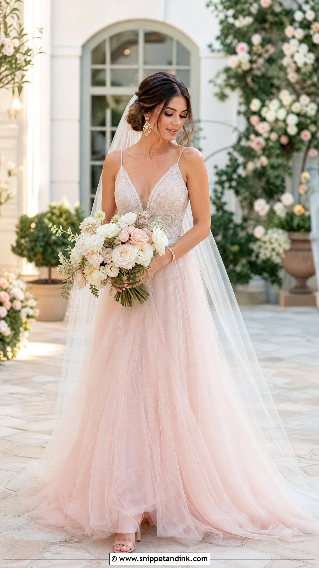 Blush Wedding Dress With Rose Gold Accessories - Snippet and Ink - 20 Wedding Dress Combination Ideas