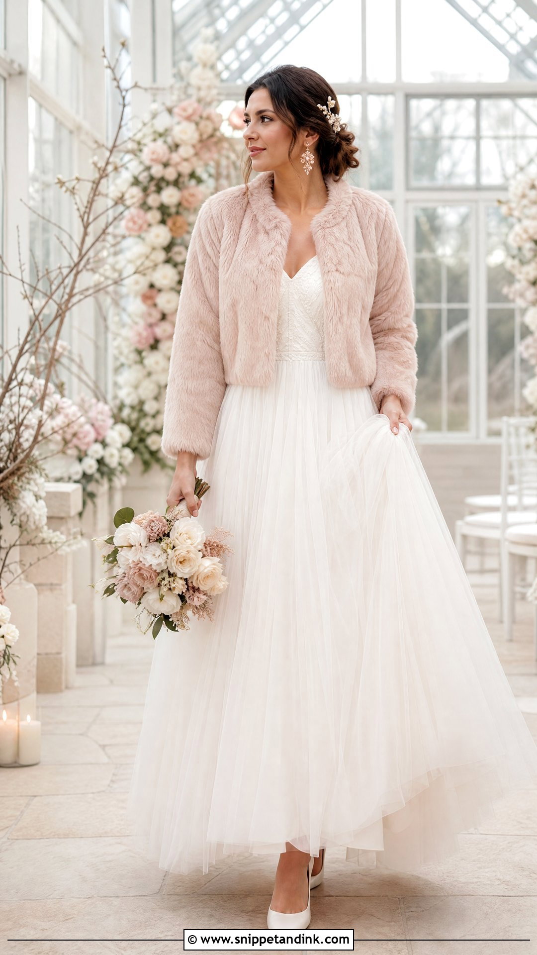 Blush Wedding Fur Jacket With Tulle Dress - Snippet and Ink - 20 Wedding Fur Ideas
