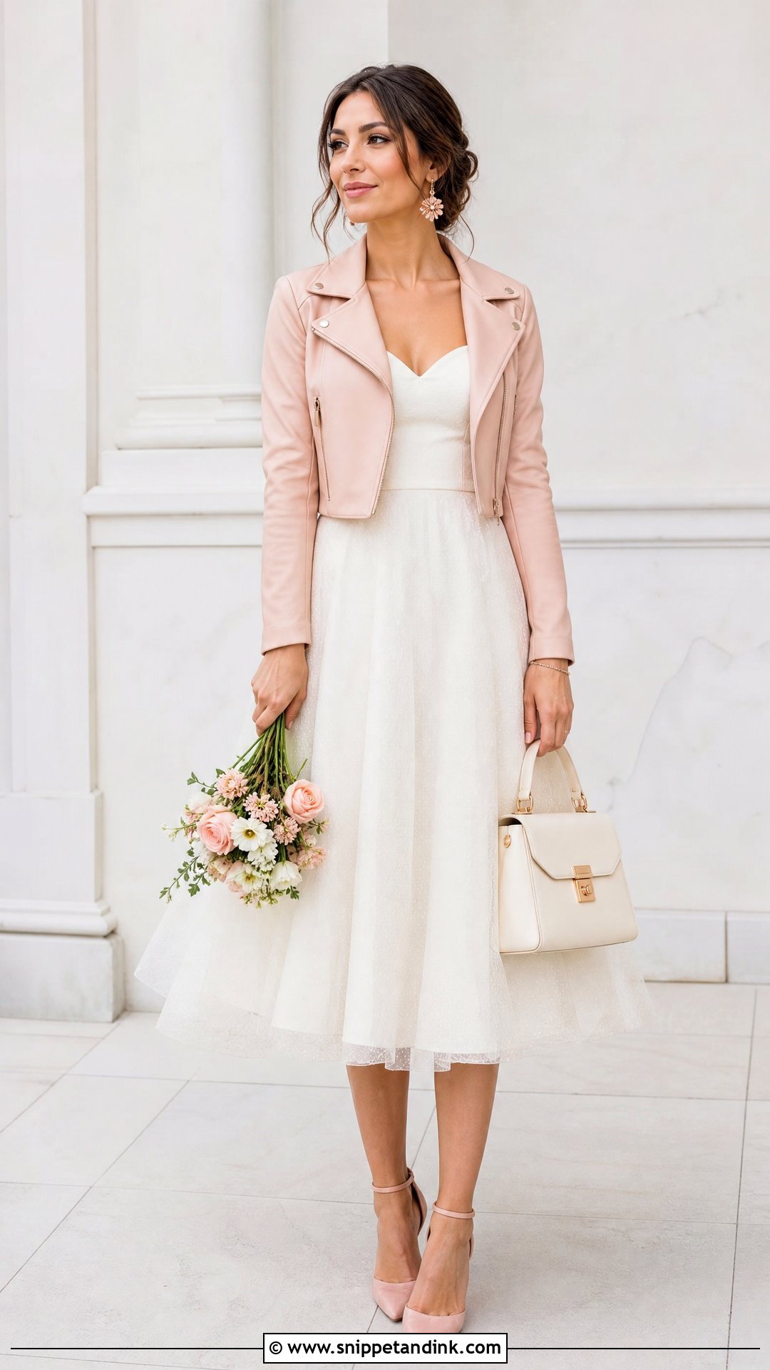 Blush Wedding Leather Jacket With Tea Length Dress - Snippet and Ink - 20 Wedding Leather Jacket Ideas