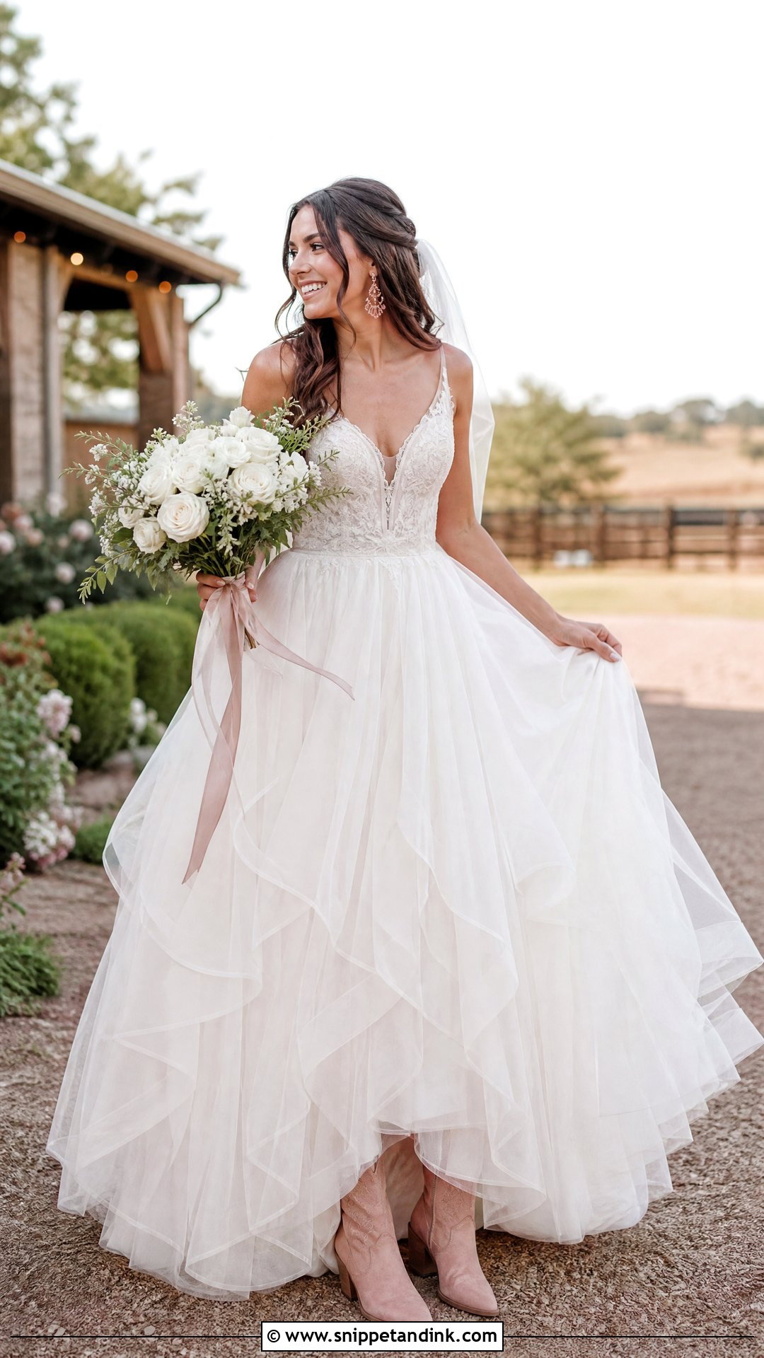 Blush Western Heels With Tulle Wedding Dress - Snippet and Ink - 20 Western Wedding Heels Ideas