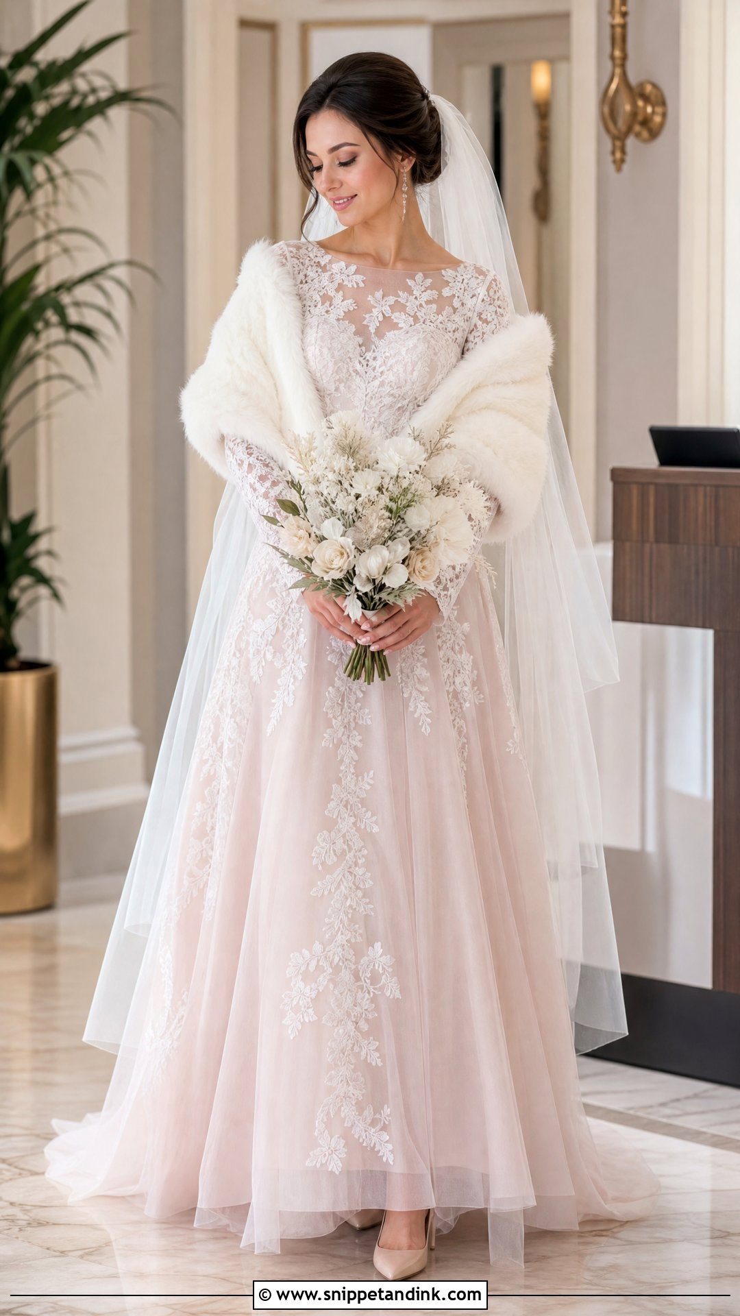 Blush Winter Bride Gown And Ivory Wrap Outfit - Snippet and Ink - 20 Winter Bride Outfits