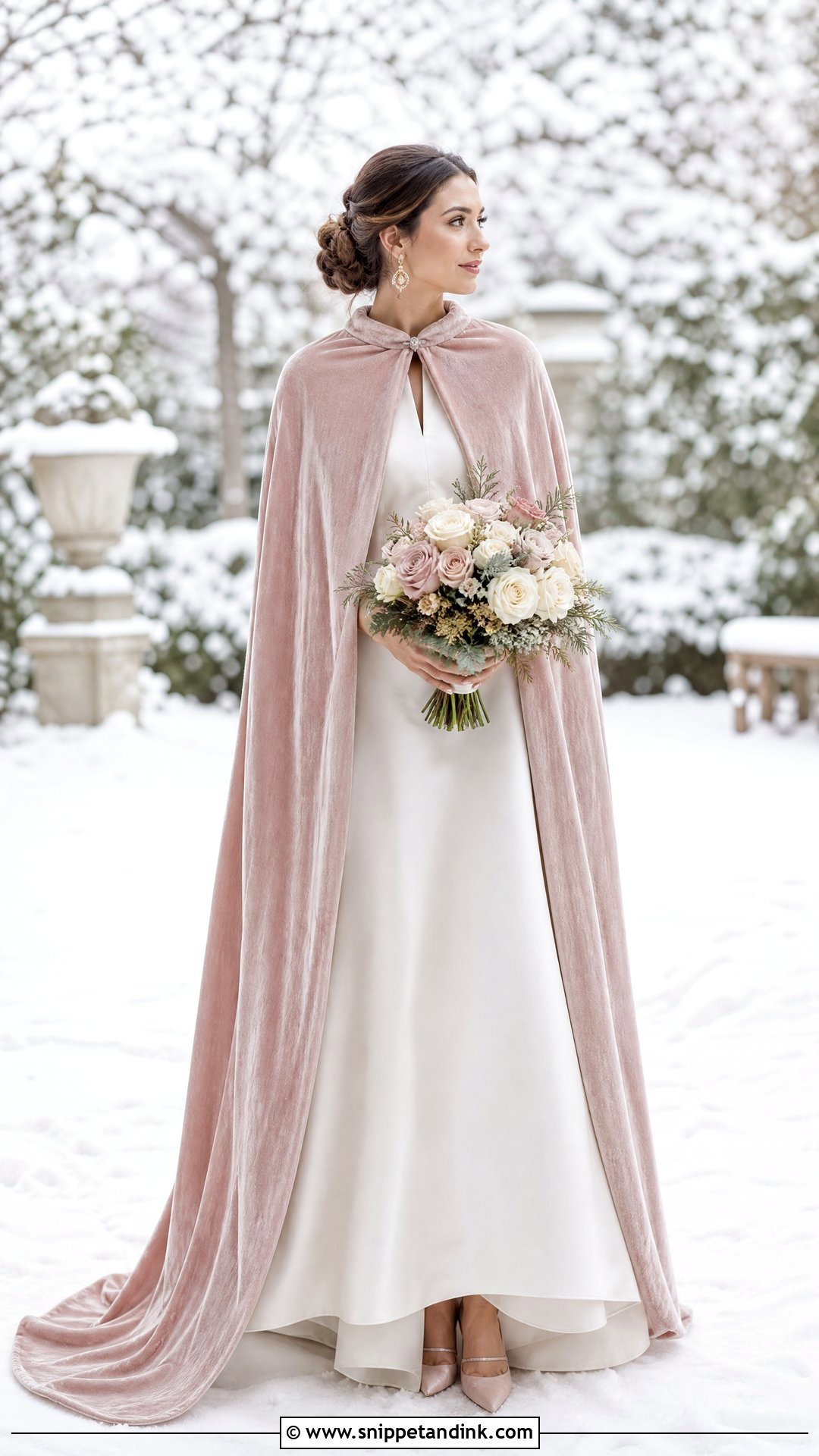 Blush Winter Wedding Cape With Ivory Bridal Gown - Snippet and Ink - 20 Winter Wedding Cape Ideas