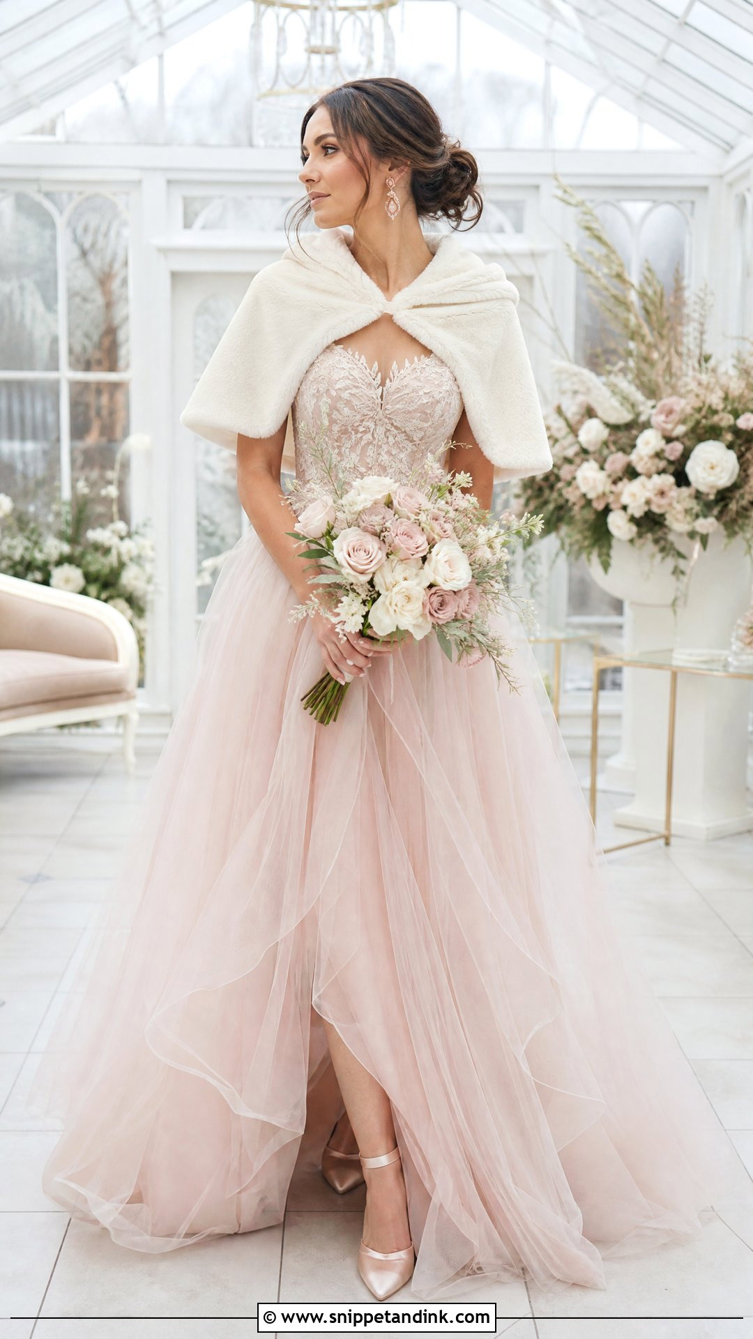 Blush Winter Wedding Dress With White Fur Cape - Snippet and Ink - 25 Winter Wedding Dress Fur Ideas
