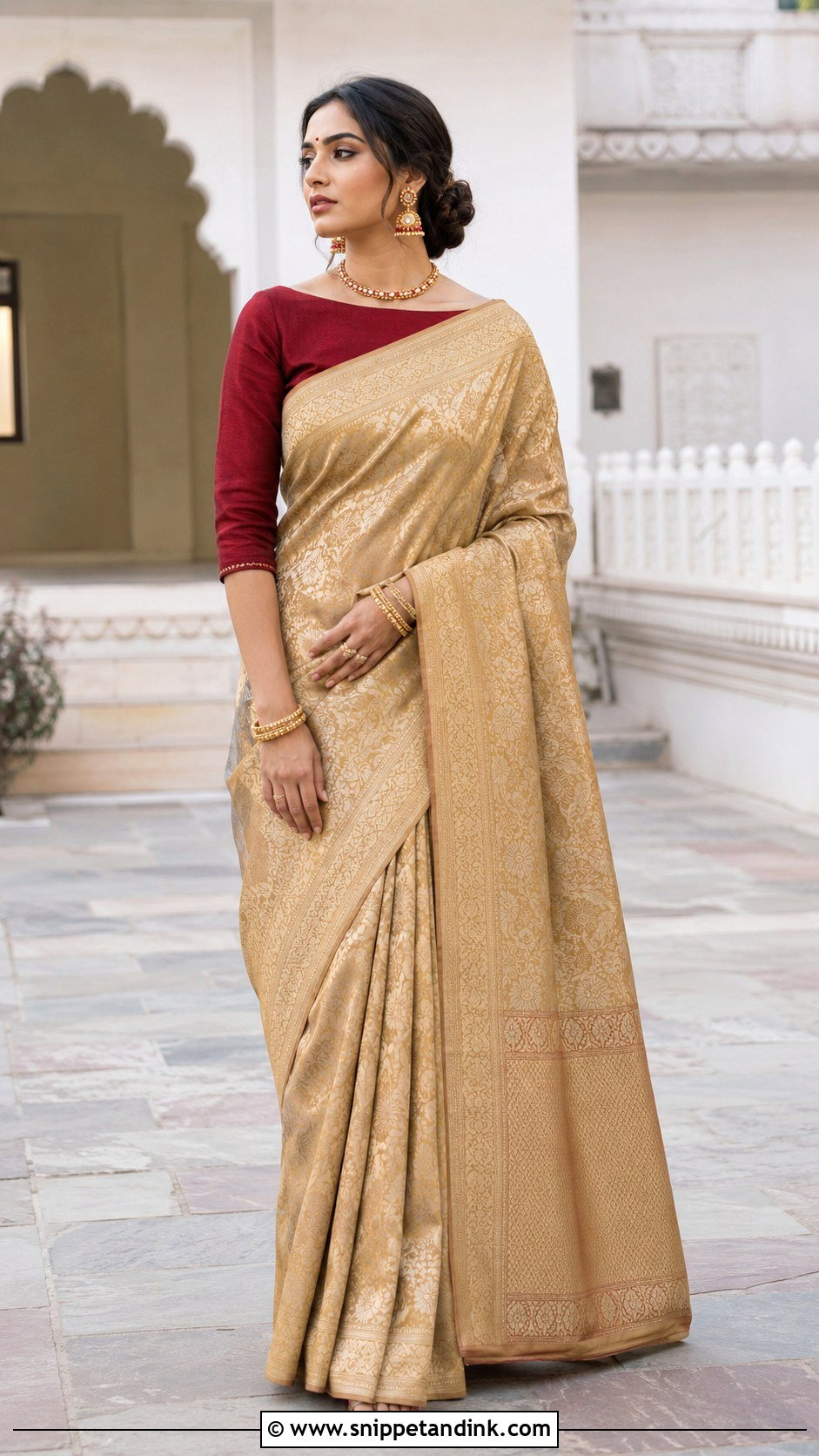 Boat Neck Bridal Blouse With Banarasi Saree - Snippet and Ink - 20 Bridal Simple Blouse Designs
