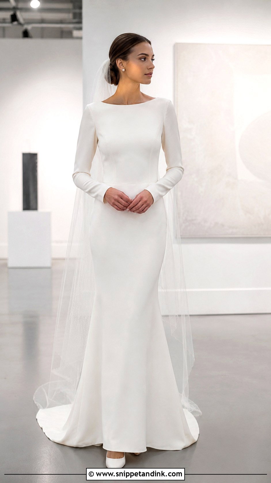 Boat Neck Crepe Long Sleeve Wedding Dress - Snippet and Ink - 20 Long Sleeve Minimalist Wedding Dress Ideas