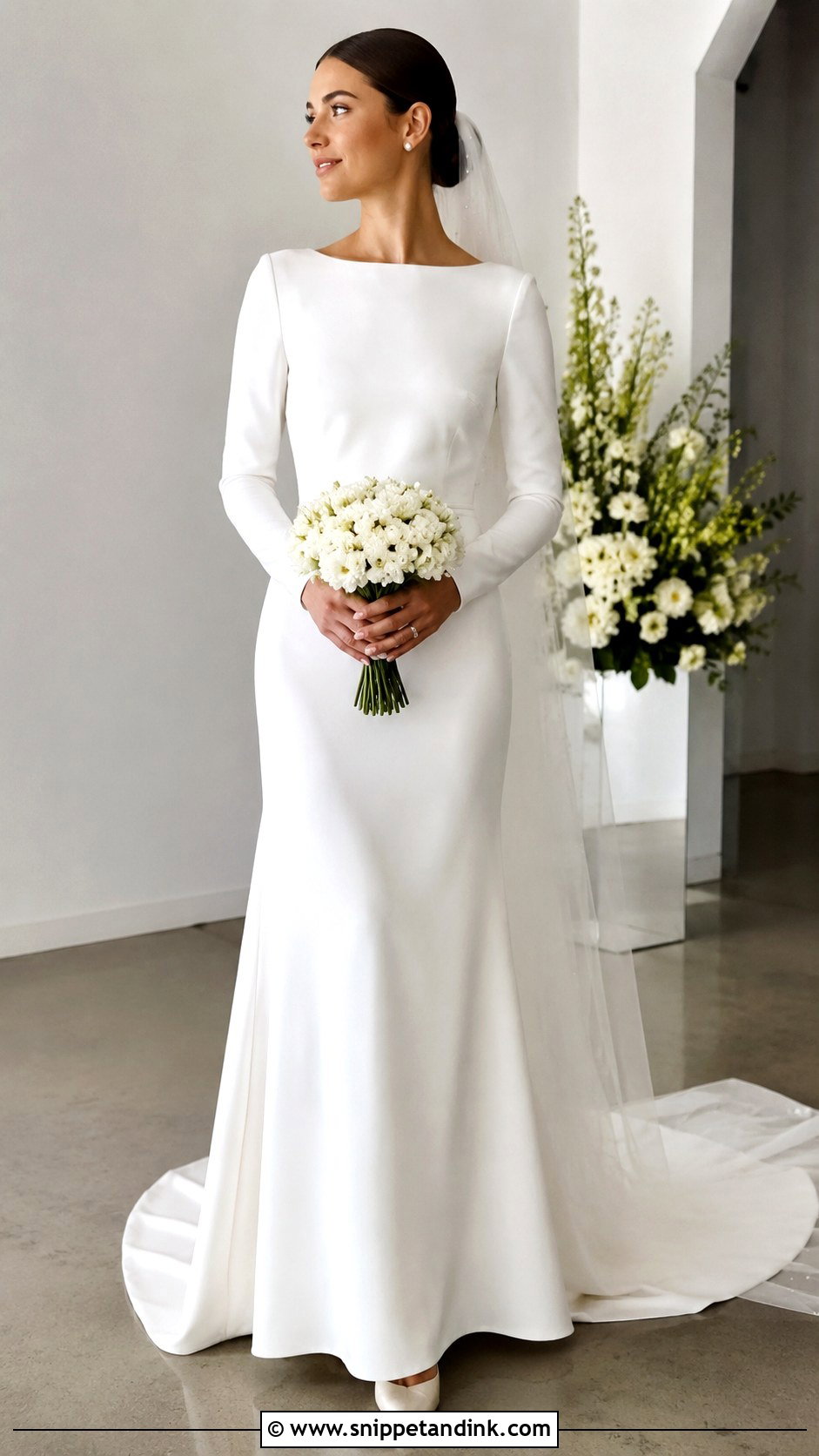 Boat Neck Crepe Wedding Dress With Long Sleeves - Snippet and Ink - 20 Closed Wedding Dress Ideas
