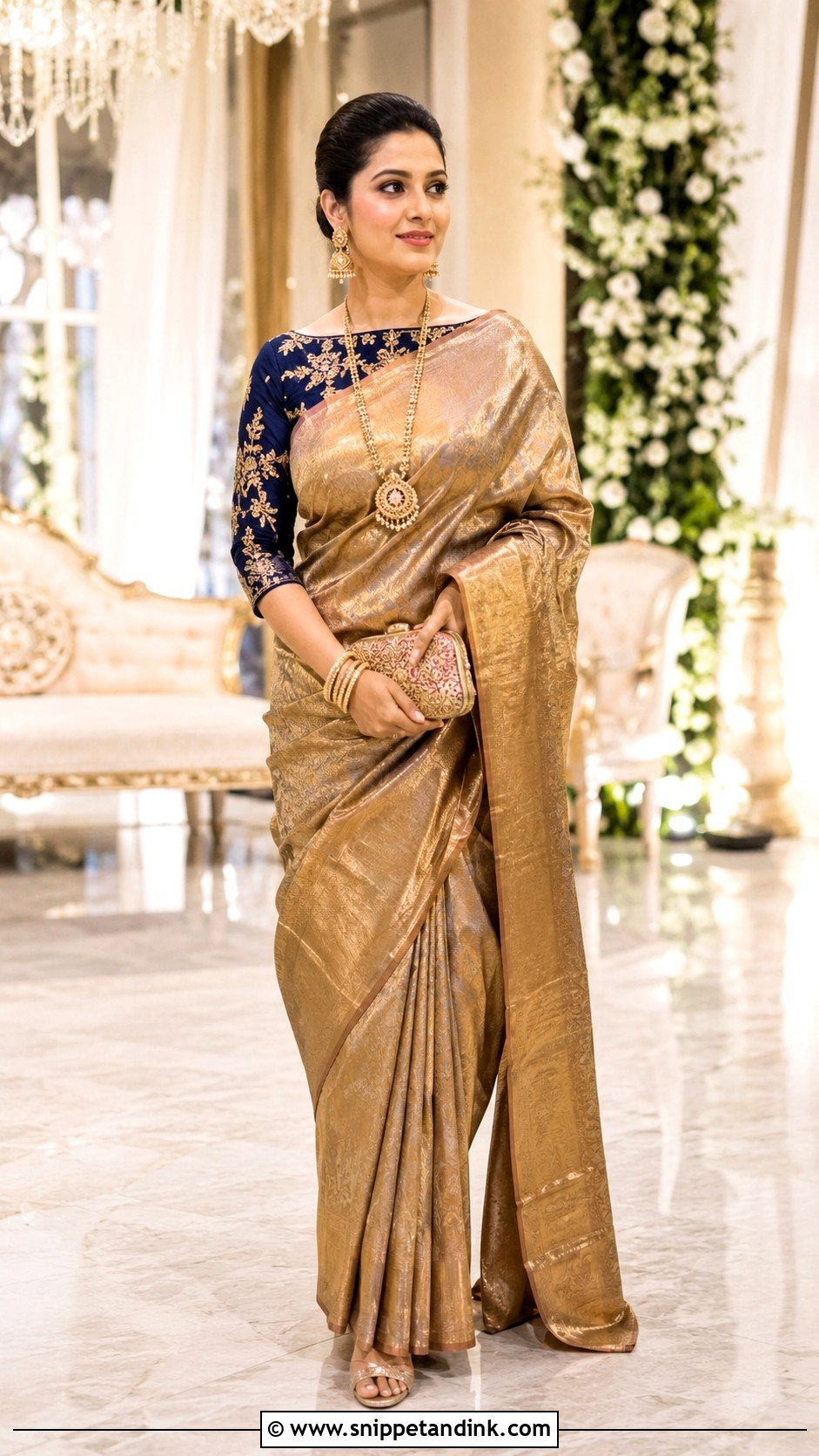 Boat Neck Embroidered Blouse With Contrast Saree - Snippet and Ink - 20 Grand Blouse Designs for Marriage