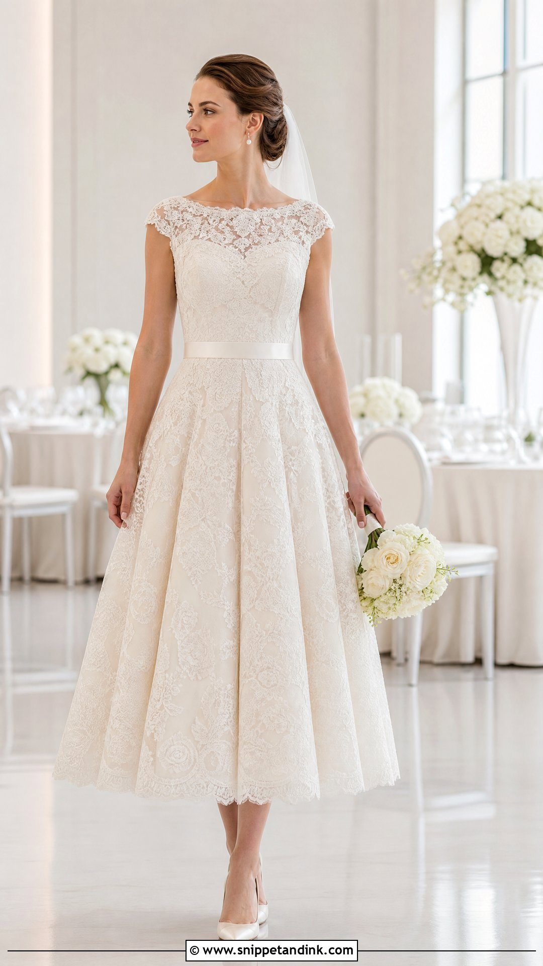 Boat Neck Lace Tea Length Wedding Dress - Snippet and Ink - 20 Tea Length Wedding Dresses Lace