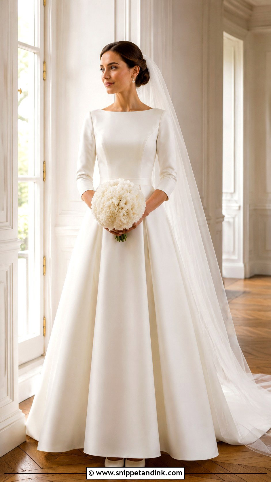 Boat Neck Mikado Wedding Dress With Classic Veil - Snippet and Ink - 20 Modest Simple Wedding Dress Ideas