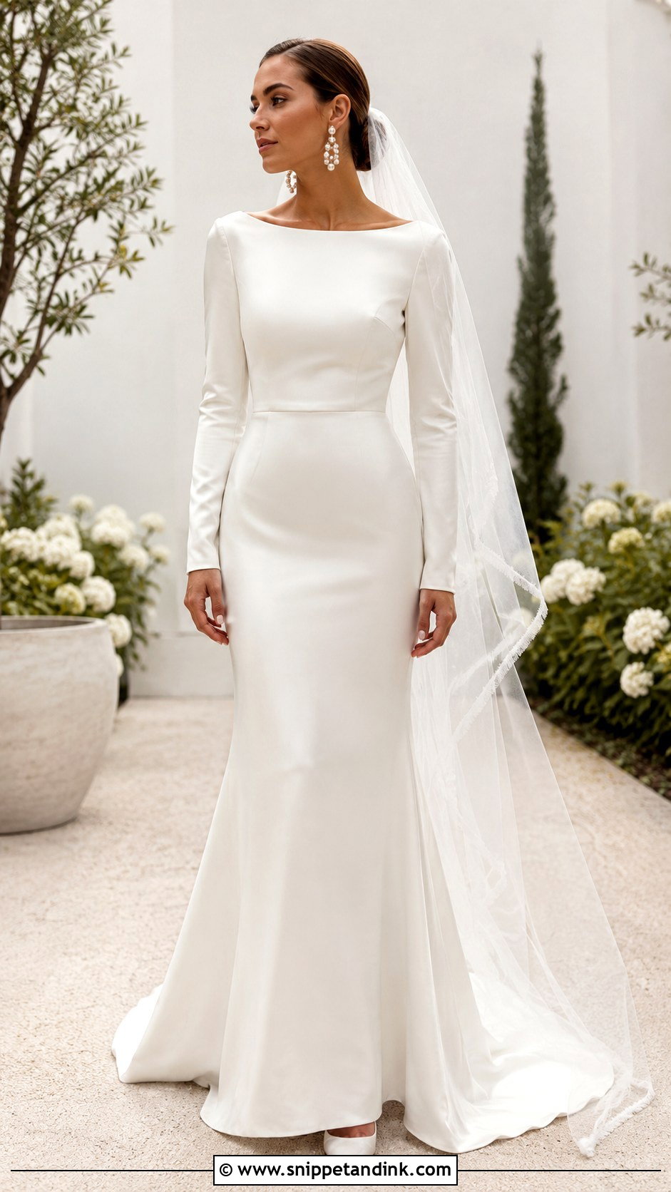 Boat Neck Minimal Long Sleeve Wedding Dress - Snippet and Ink - 20 Minimal Wedding Dress Long Sleeve Ideas