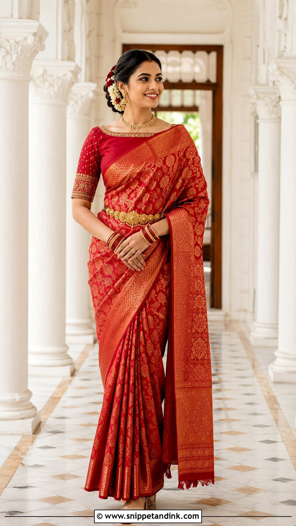 Boat Neck Red Bridal Blouse With Saree - Snippet and Ink - 20 Red Bridal Blouse Ideas