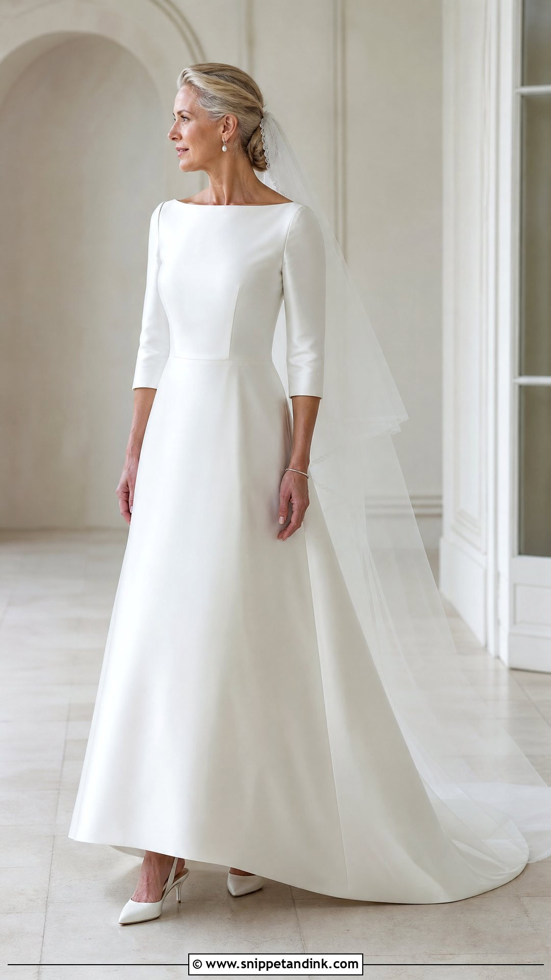 Boat Neck Satin Wedding Gown with Three Quarter Sleeves - Snippet and Ink - 20 Satin Wedding Gown with Sleeves