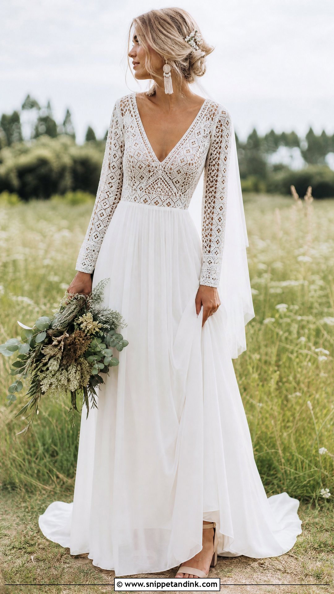 Boho A Line Wedding Dress With Crochet Lace Sleeves - Snippet and Ink - 25 Aline Wedding Dress with Sleeves