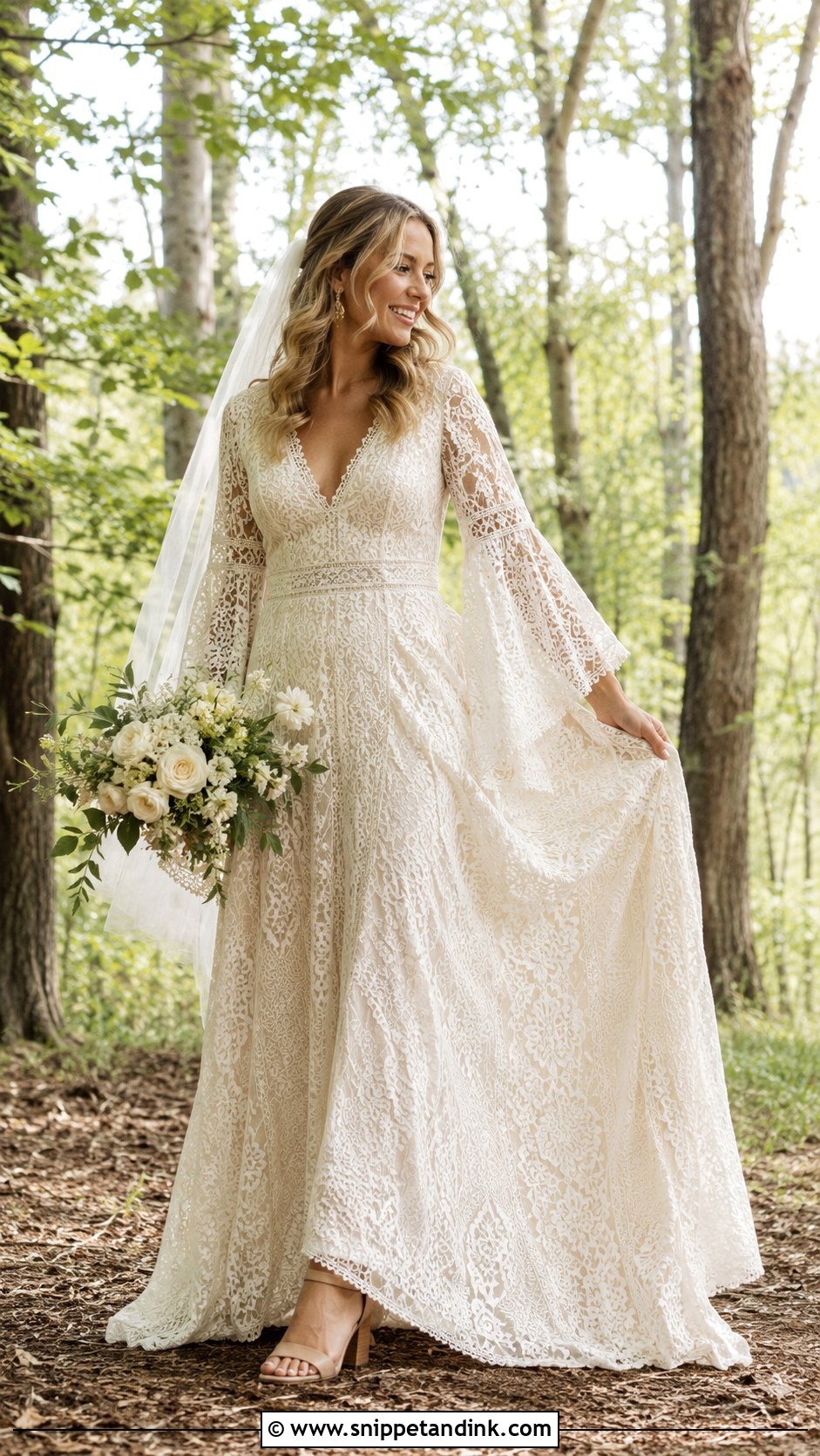 Boho Bell Sleeve Cream Wedding Dress - Snippet and Ink - 20 Cream Wedding Dresses