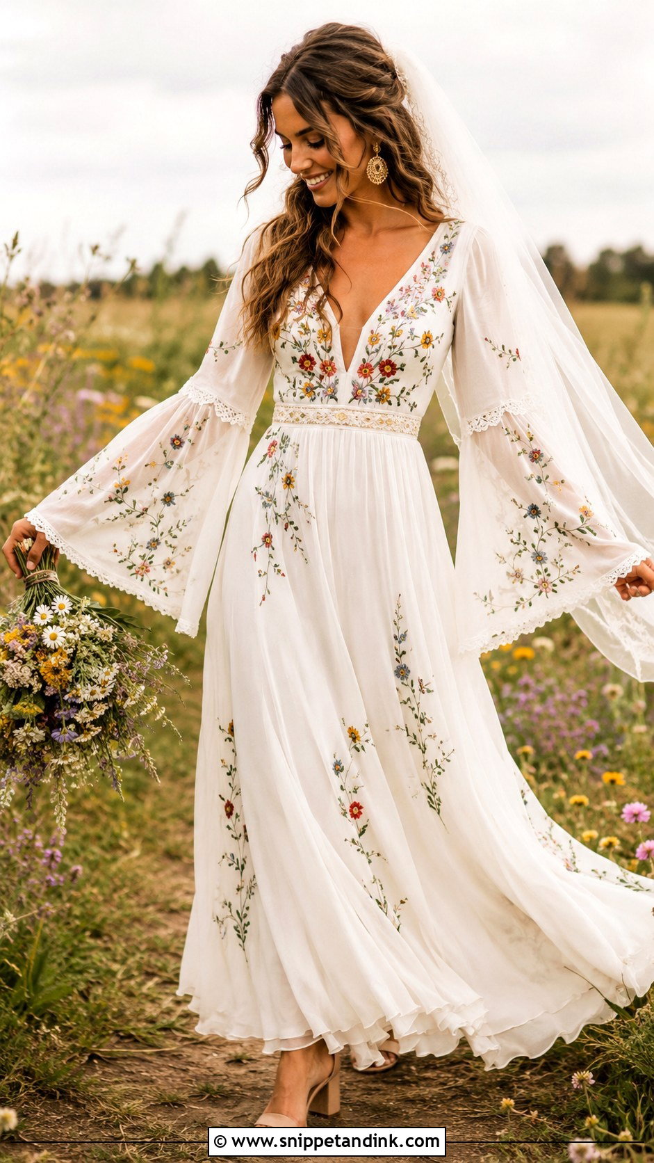 Boho Bell Sleeve Floral Wedding Dress - Snippet and Ink - 20 Botanical Wedding Dress Ideas