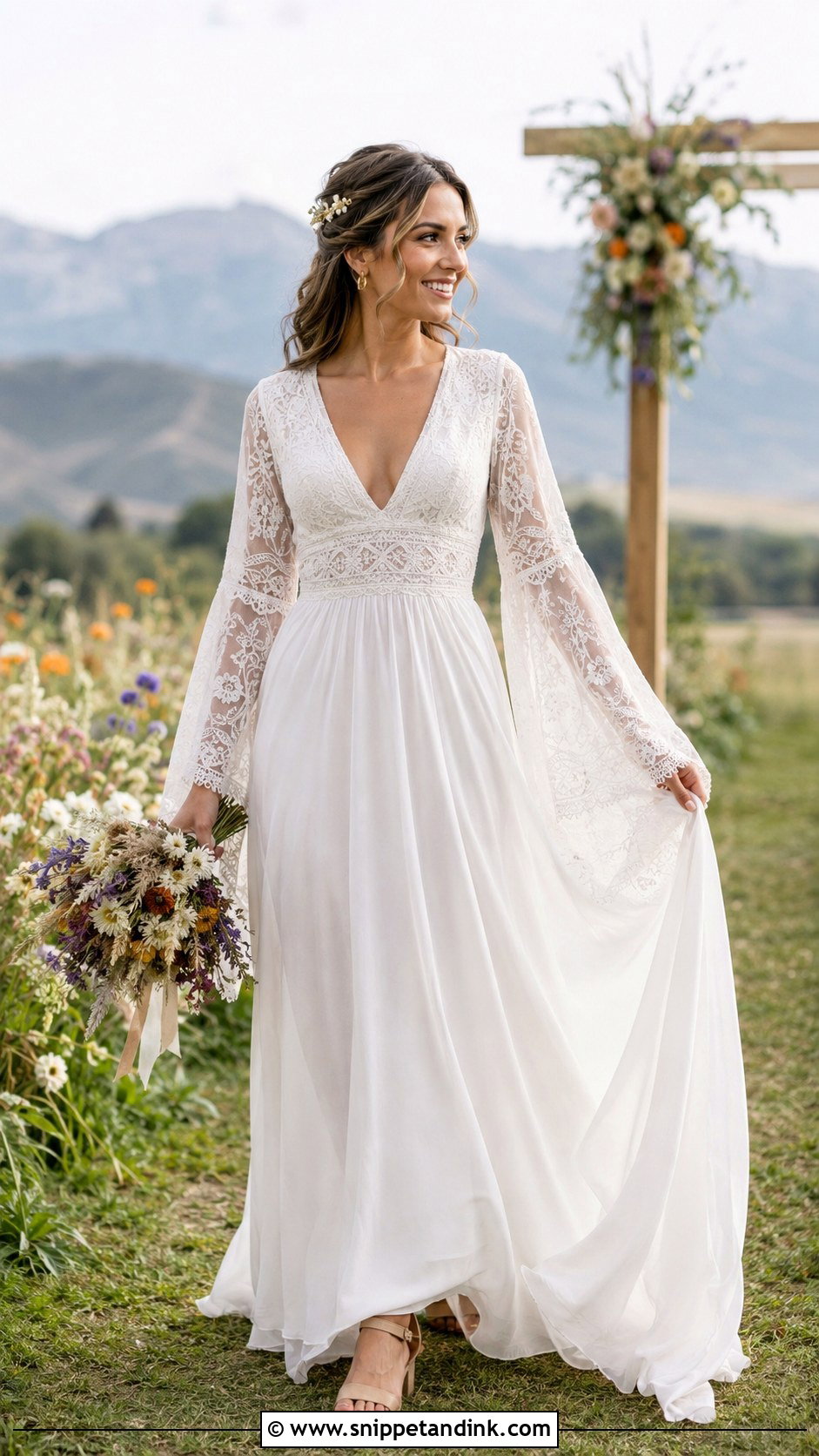 Boho Bell Sleeve Flowy Wedding Dress - Snippet and Ink - 20 Long Sleeve Flowy Wedding Dress Ideas