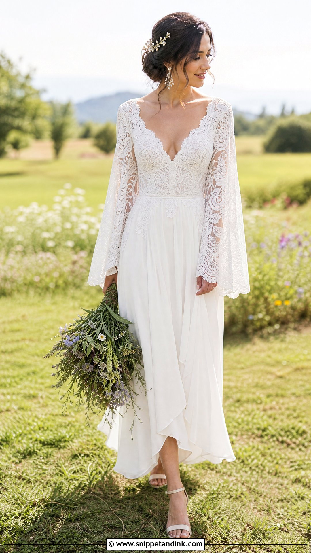 Boho Bell Sleeve Lace Wedding Dress - Snippet and Ink - 20 Flowy Lace Wedding Dress Ideas