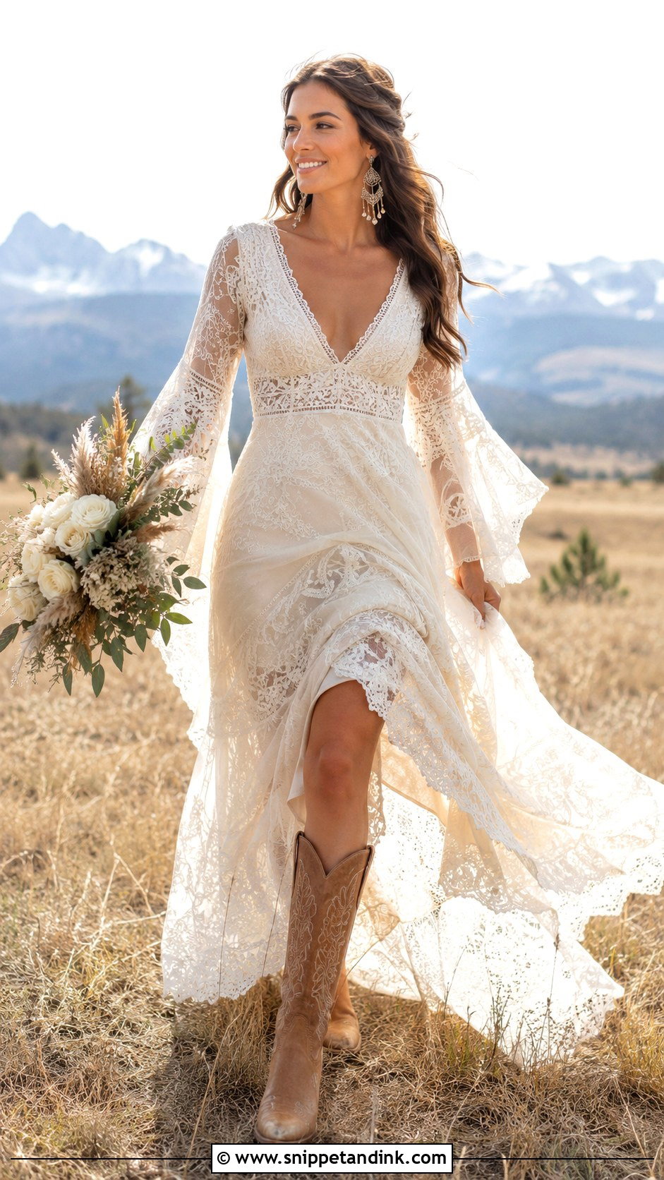 Boho Bell Sleeve Wedding Dress With Tan Cowboy Boots - Snippet and Ink - 20 Bride Cowboy Boots Ideas
