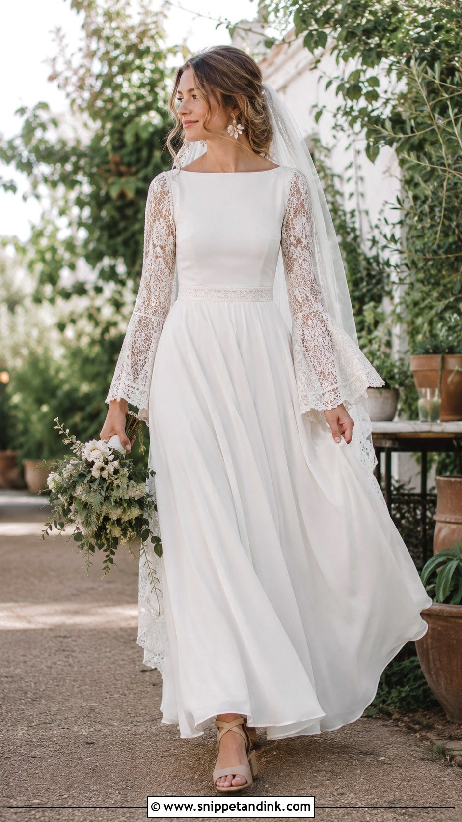 Boho Boat Neck Wedding Dress With Bell Sleeves - Snippet and Ink - 20 Boat Neck Wedding Dress with Sleeves