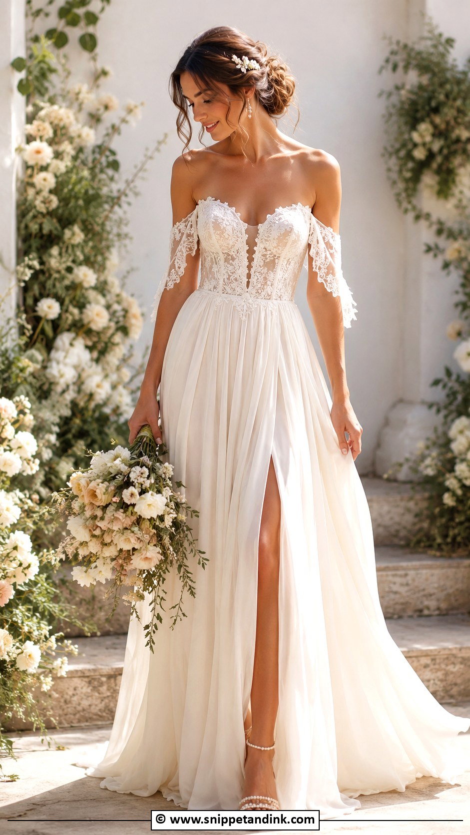 Boho Bridal Dress With Off Shoulder Sleeves - Snippet and Ink - 30 Boho Bridal Dress Ideas
