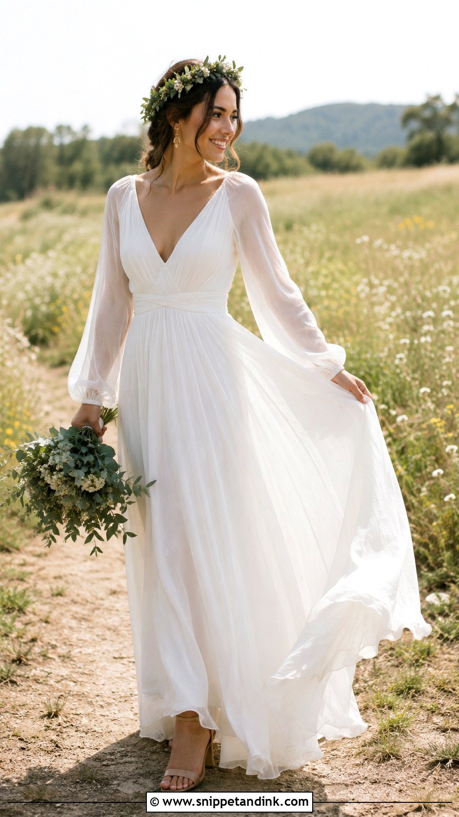 Boho Chiffon A Line Wedding Dress With Flower Crown - Snippet and Ink - 20 A Shape Wedding Dress Ideas