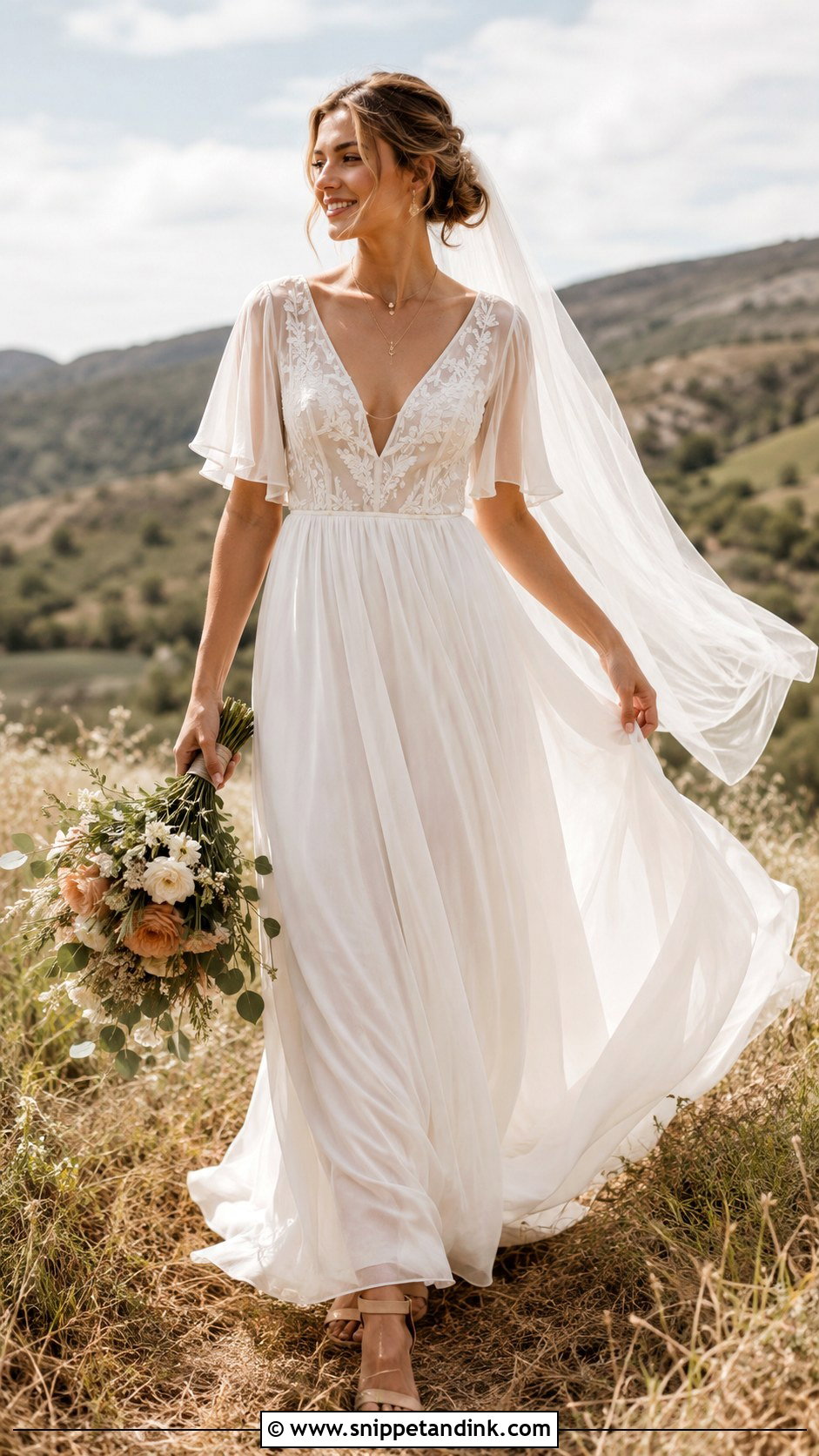 Boho Chiffon Bridal Gown Look - Snippet and Ink - 20 Bridal Gown Aesthetic Ideas