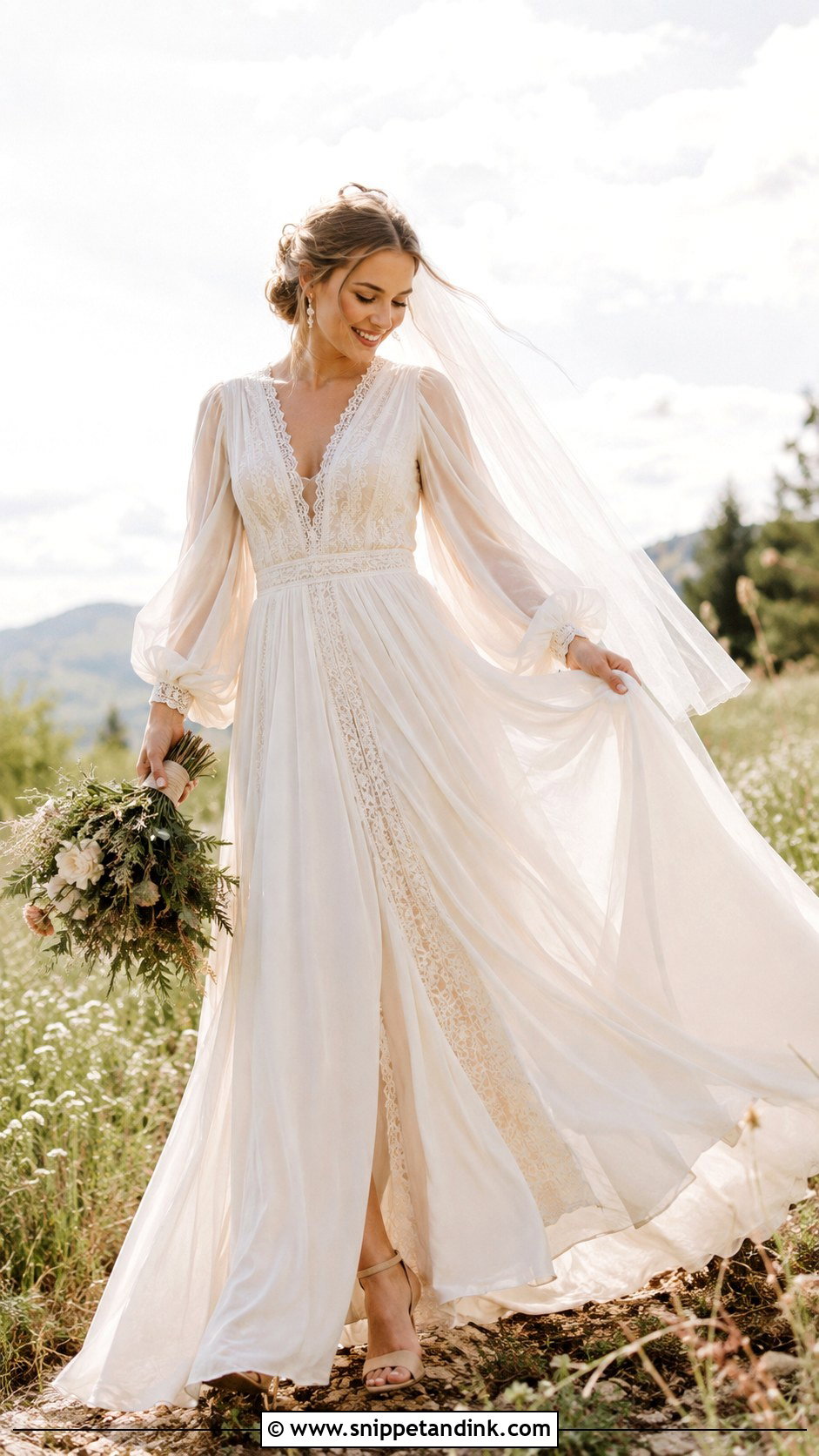 Boho Chiffon Bubble Sleeve Wedding Dress - Snippet and Ink - 20 Bubble Sleeve Wedding Dress Ideas