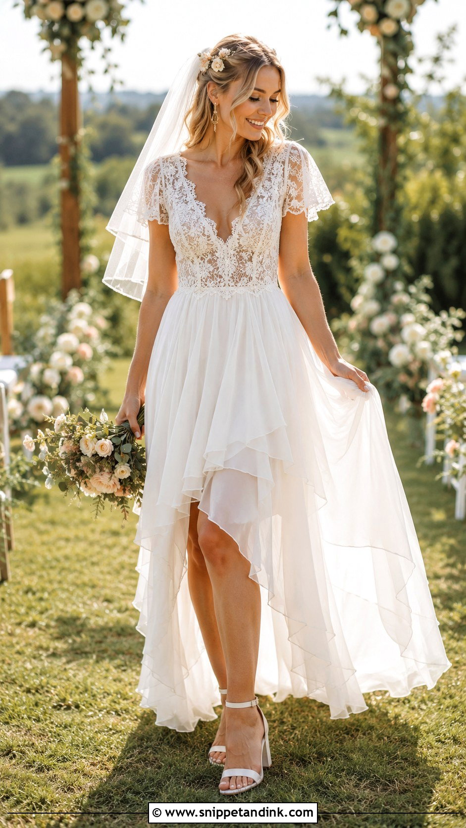 Boho Chiffon Hi Low Wedding Dress With Block Heels - Snippet and Ink - 20 Hi Low Wedding Dress Ideas