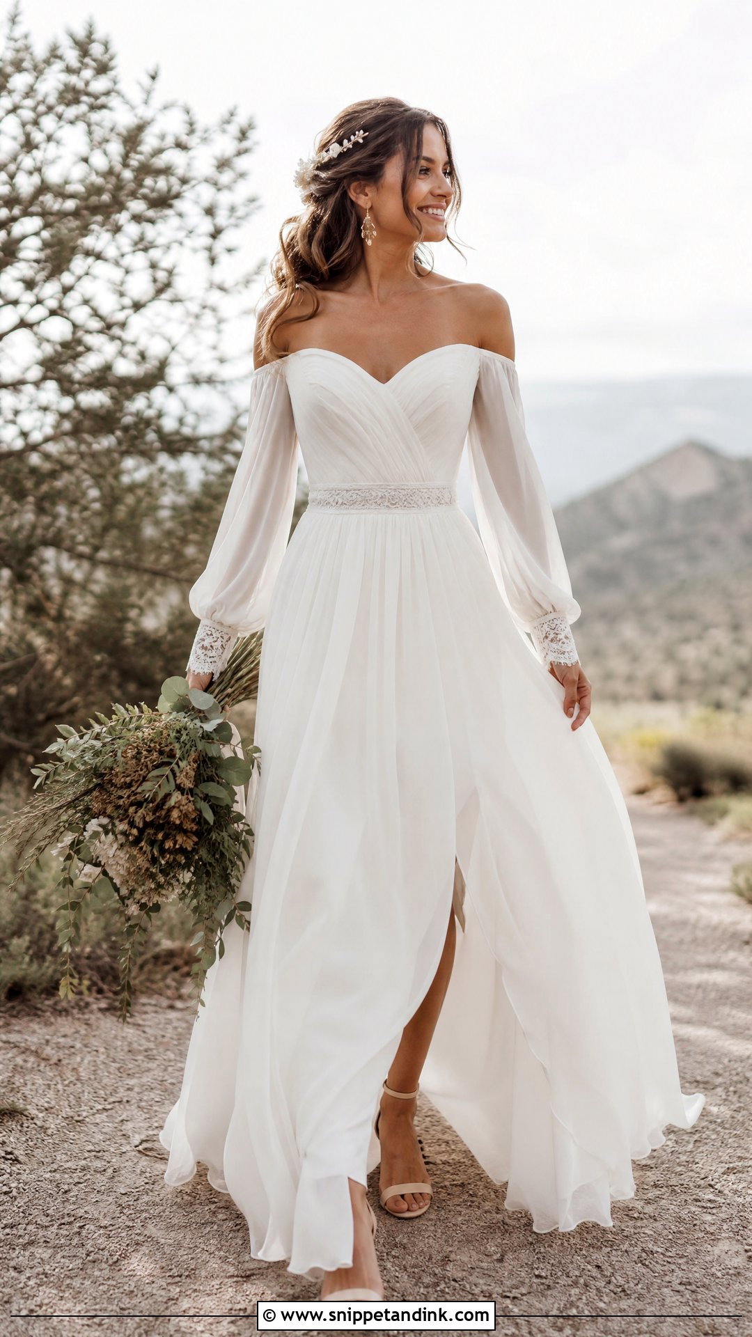 Boho Chiffon Off the Shoulder Long Sleeve Wedding Dress - Snippet and Ink - 20 Off the Shoulder Long Sleeve Wedding Ideas