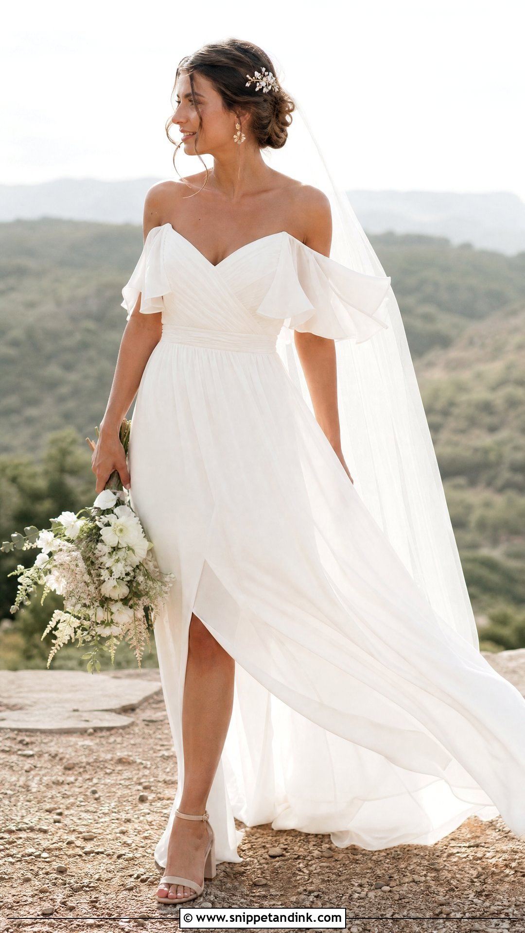 Boho Chiffon Over the Shoulder Wedding Dress - Snippet and Ink - 20 Over the Shoulder Wedding Dress Ideas