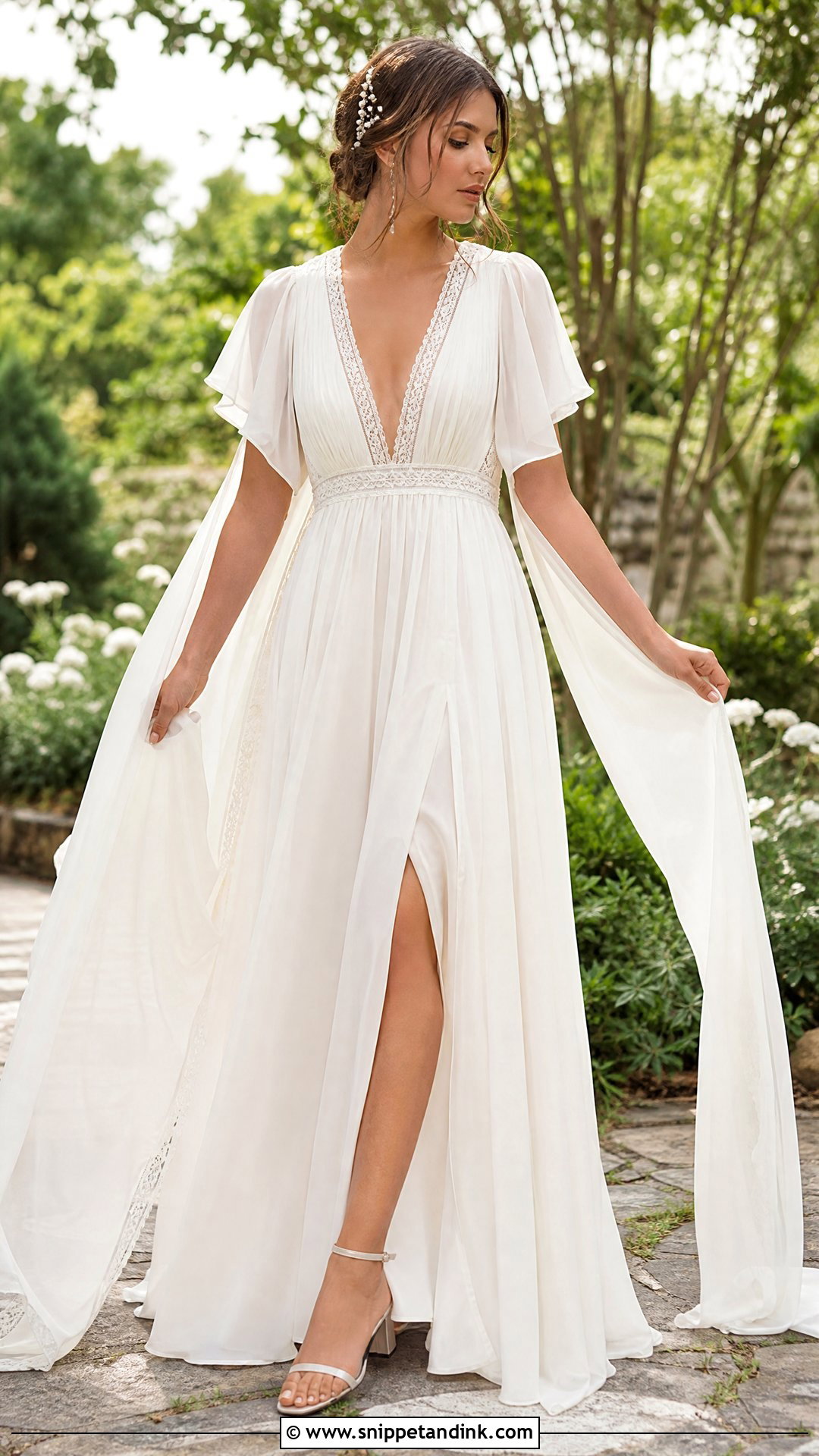 Boho Chiffon Plunging Neckline Wedding Dress - Snippet and Ink - 20 Plunging Neckline Wedding Dress Ideas