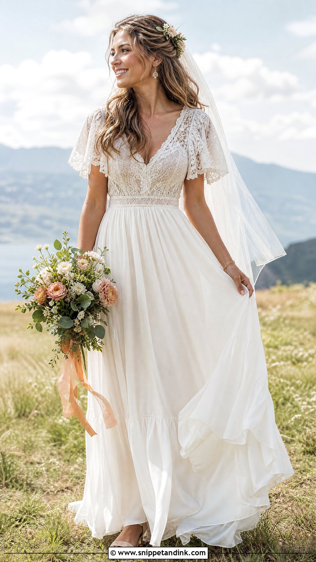 Boho Chiffon Wedding Dress With Floral Hairpiece - Snippet and Ink - 20 Top Wedding Dresses