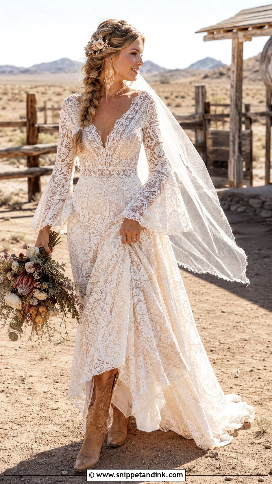 Boho Country Wedding Gown With Bell Sleeves - Snippet and Ink - 20 Country Wedding Gowns