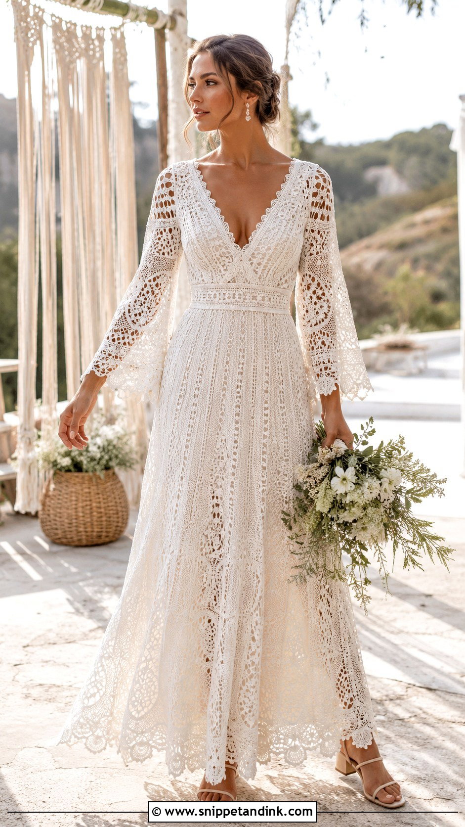 Boho Crochet Wedding Dress With Bell Sleeves - Snippet and Ink - 20 Crochet Wedding Dresses