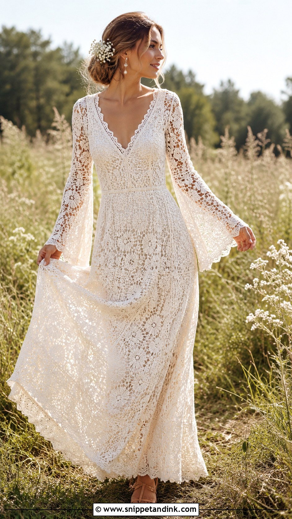 Boho Crochet Wedding Dress With Bell Sleeves - Snippet and Ink - 20 DIY Crochet Wedding Dress Ideas